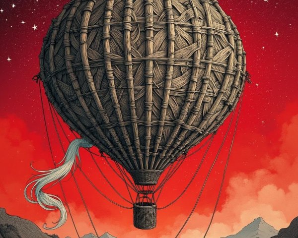 Woven Wicker Hot Air Balloon in Red Sky Landscape