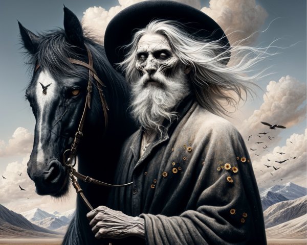 Elderly Man with Horse in Mystical Landscape Scene