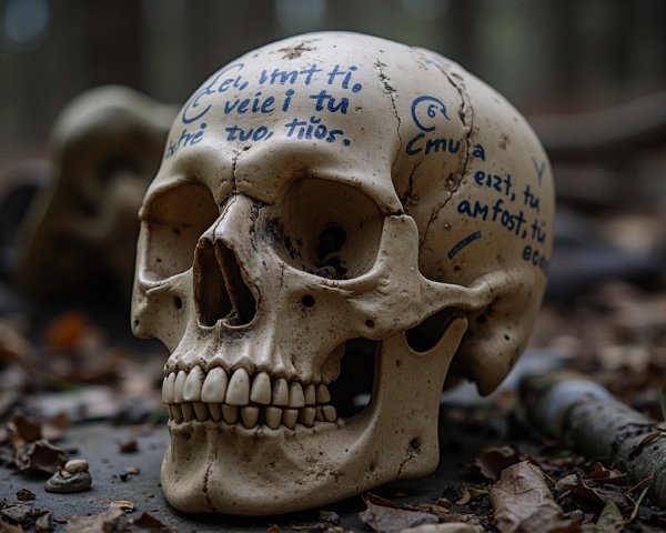 Skull with Blue Markings on Forest Floor Amid Leaves