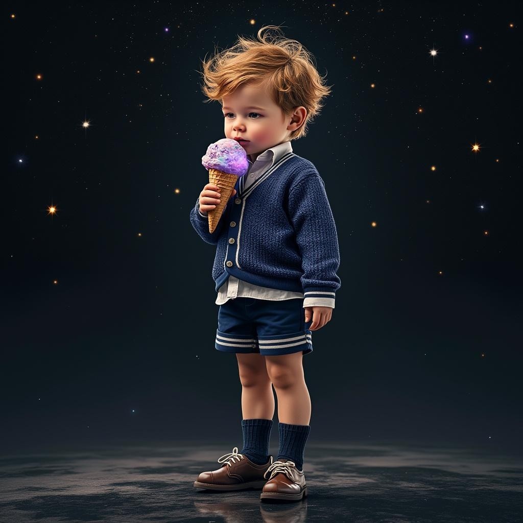 Young Boy with Ice Cream Cone Against Starry Background