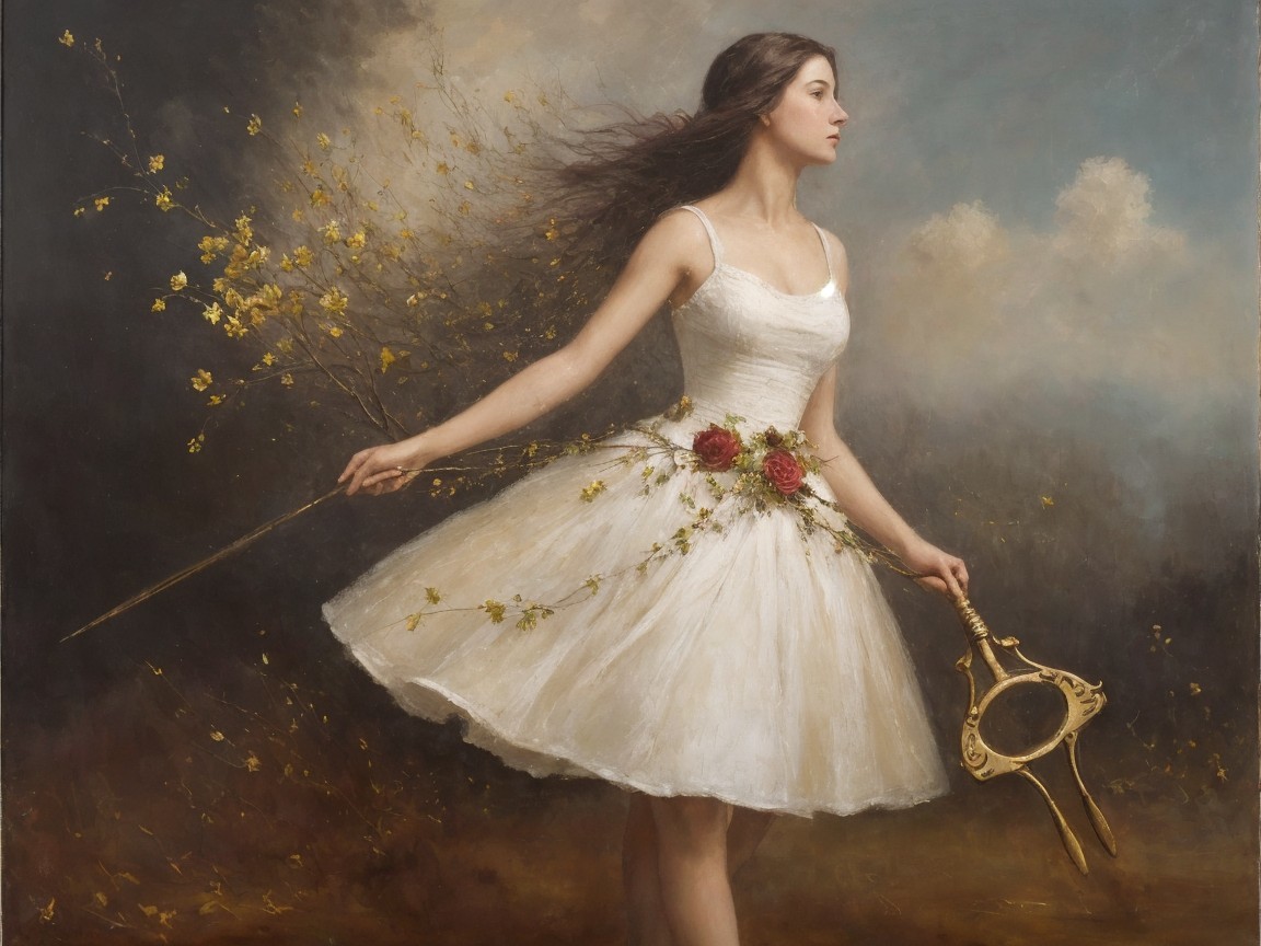 Young Woman in White Dress with Mirror and Flowers