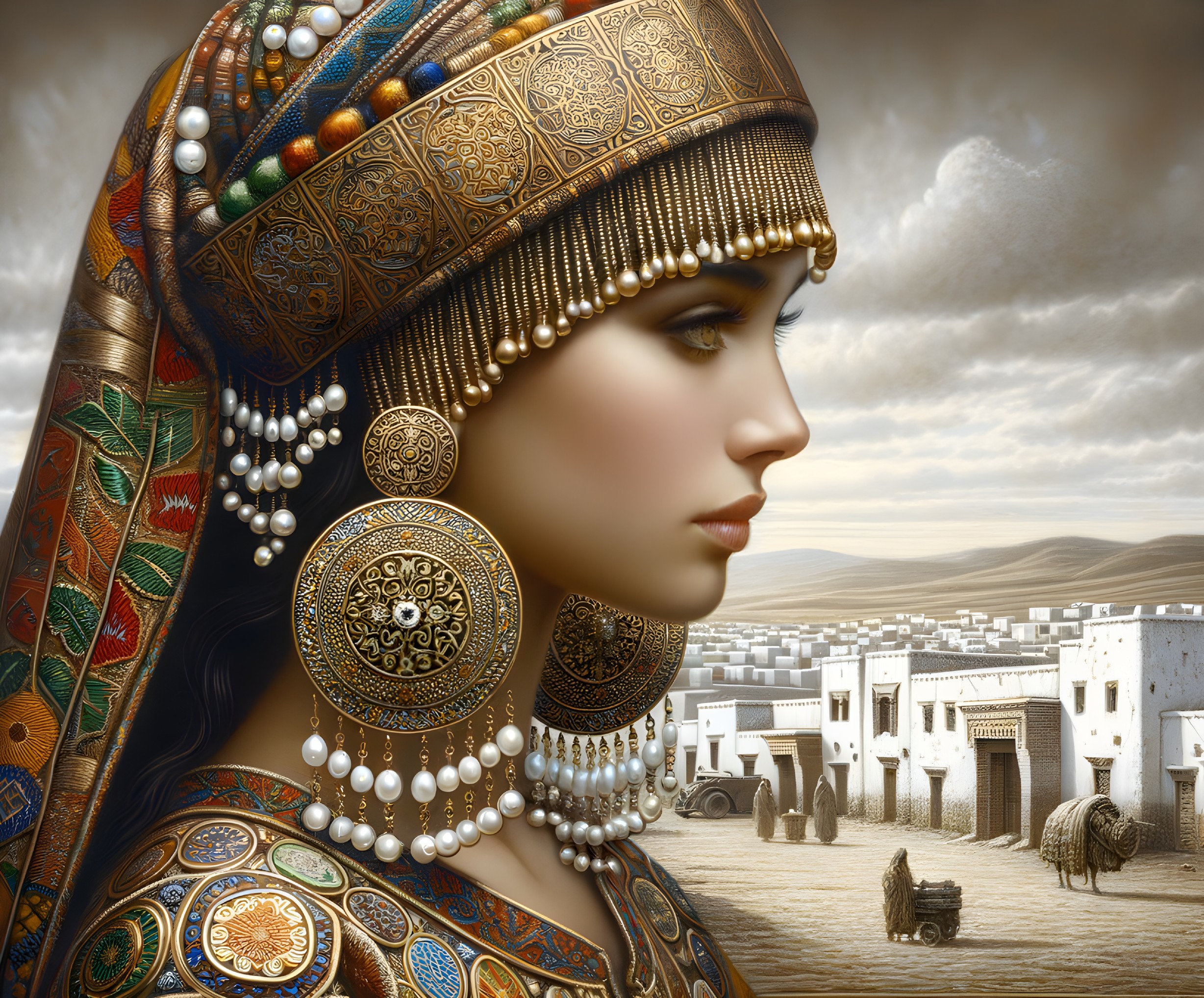 Profile of a Woman in Traditional Attire and Village Scene