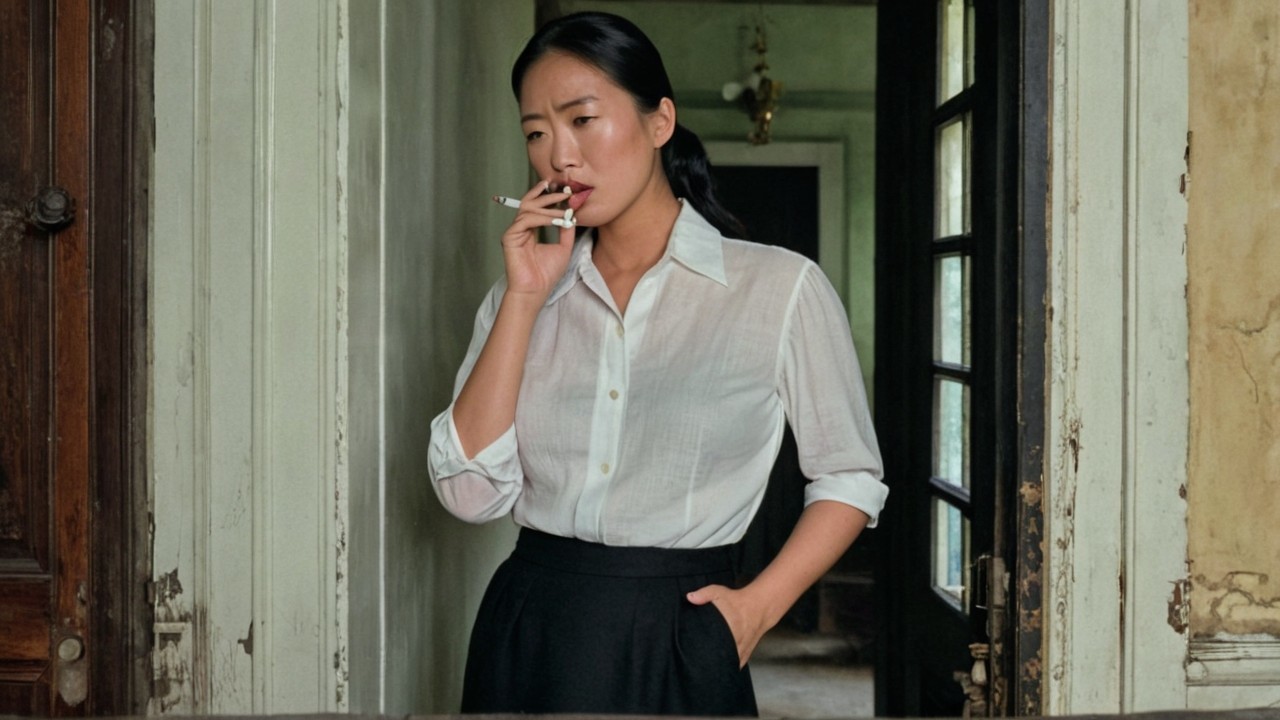 Woman in Doorway with Vintage Decor and Cigarette