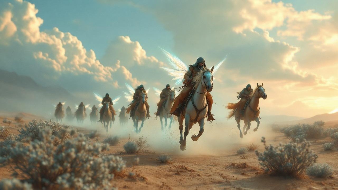 Desert Riders with Wings in a Sunset Scene