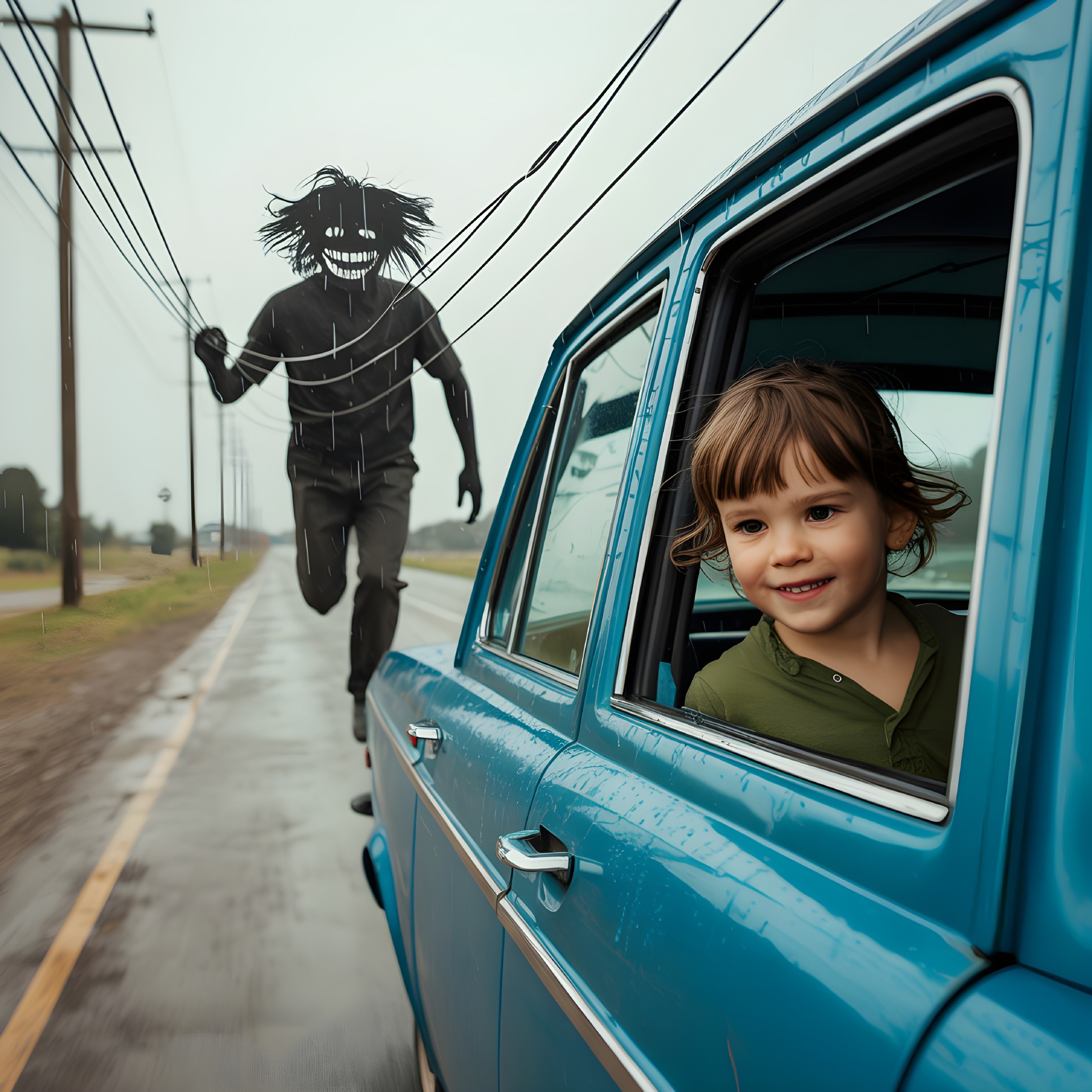 Child in vintage car contrasts with eerie figure on road