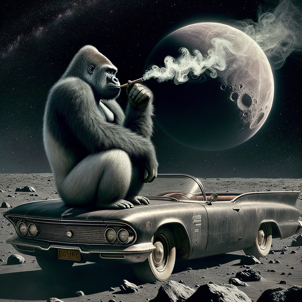 Gorilla on Vintage Car in Lunar Landscape Scene