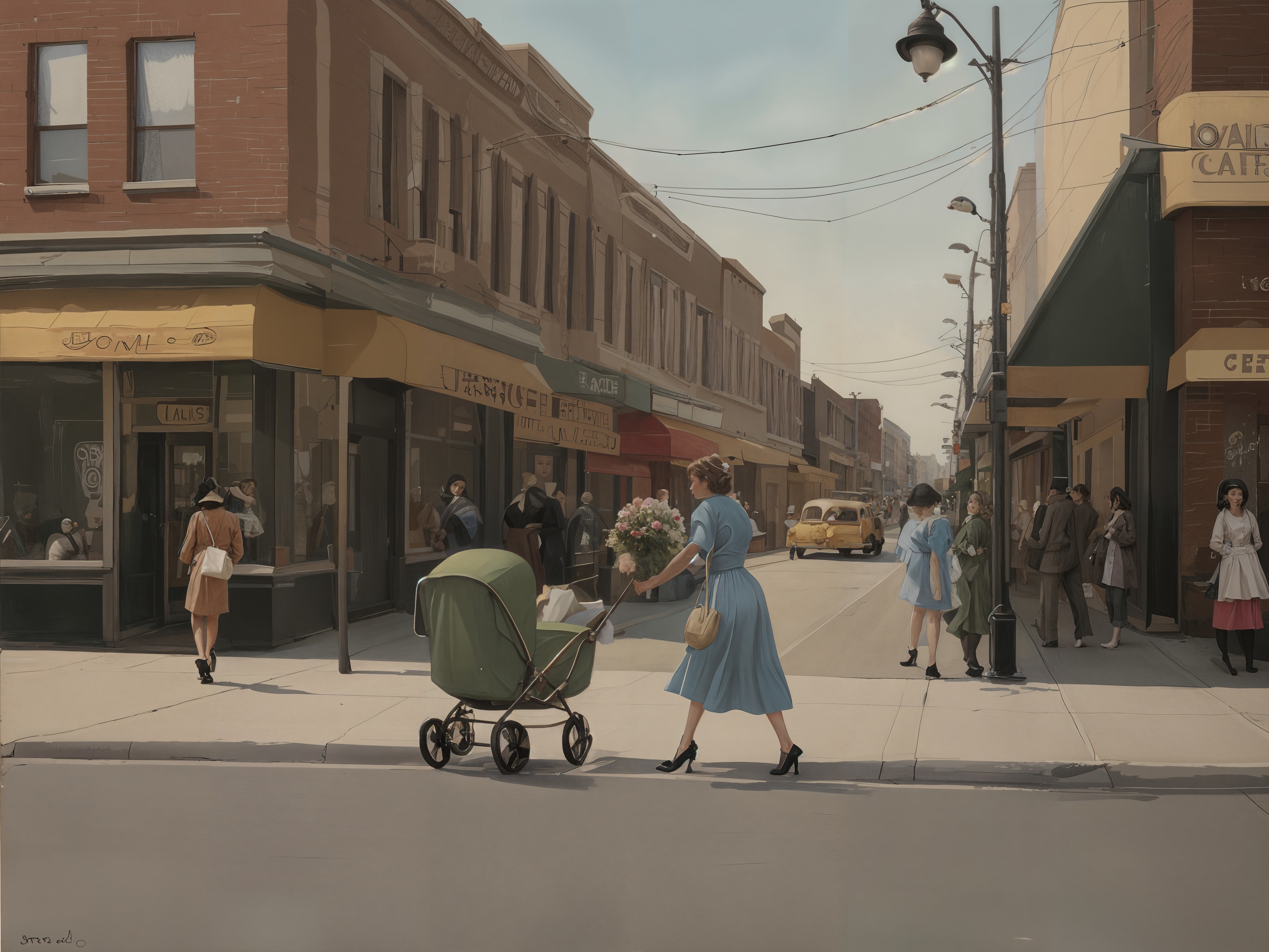 Urban street scene with woman, stroller, and flowers
