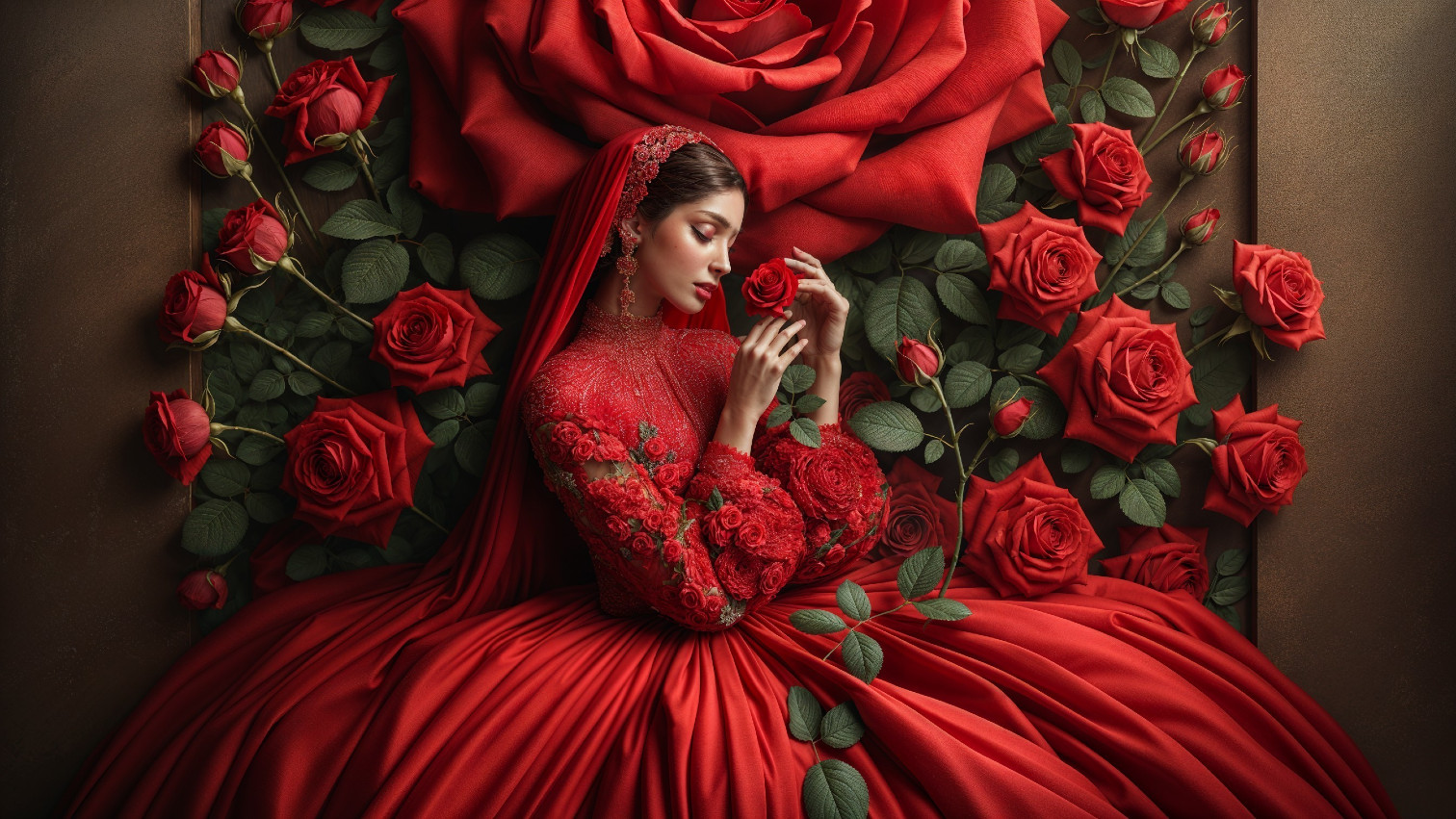 Woman in Red Gown Surrounded by Roses
