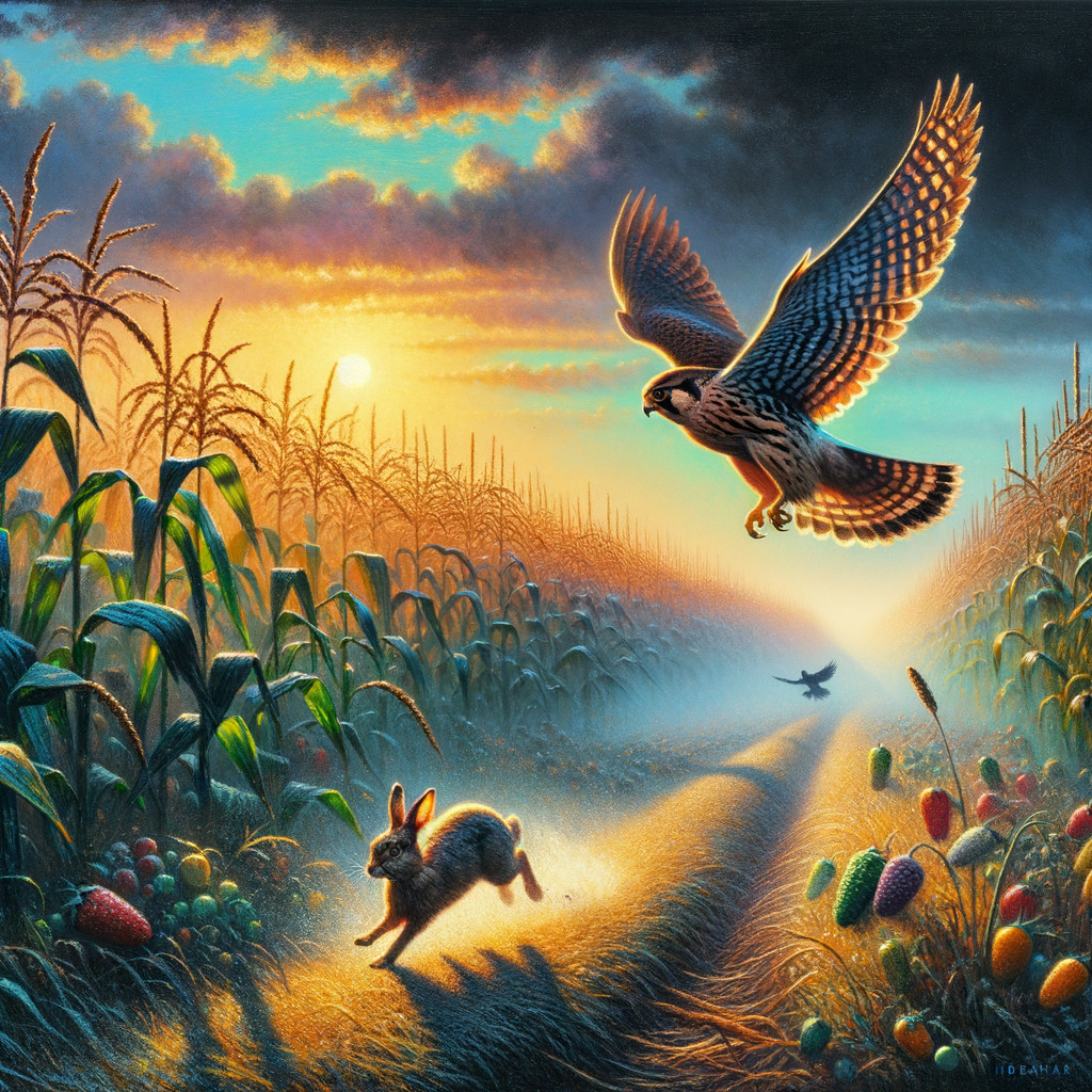 Rabbit and Hawk in a Serene Sunrise Landscape