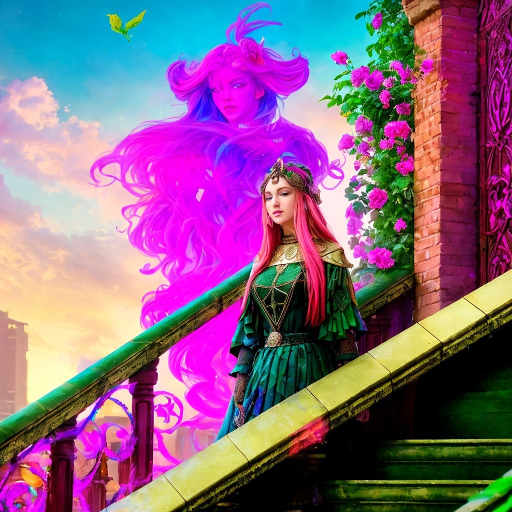 Regal figure on grand staircase with pink flowers