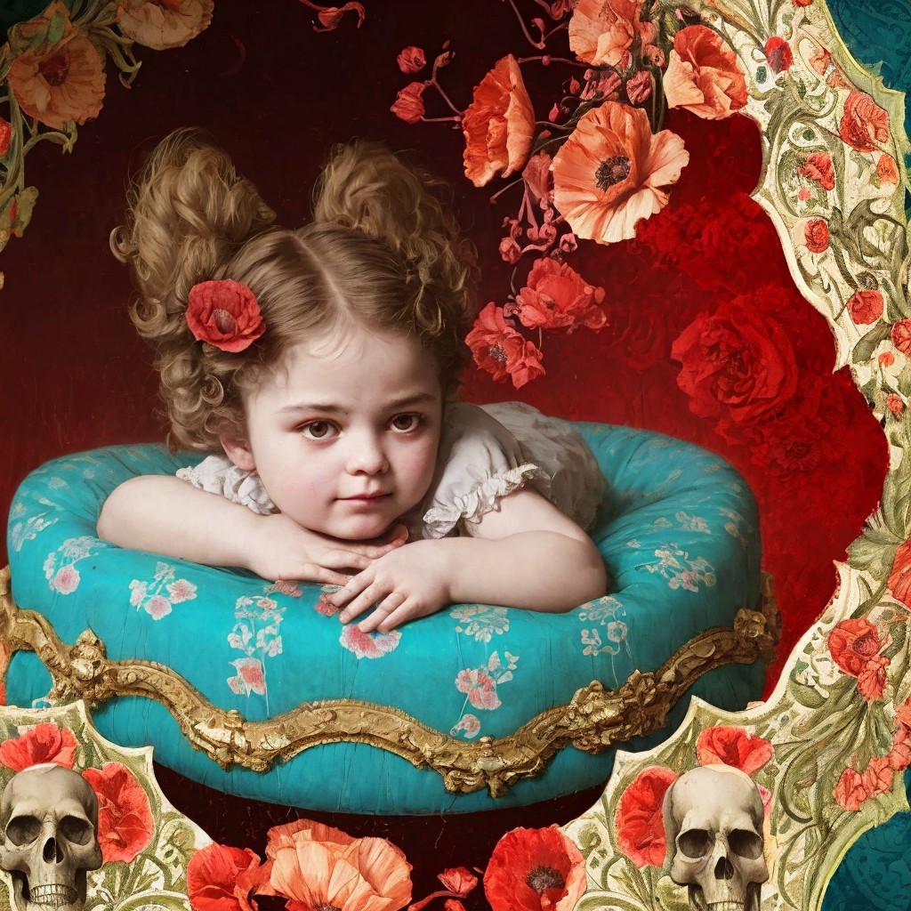 Young girl in white dress with floral and skull backdrop