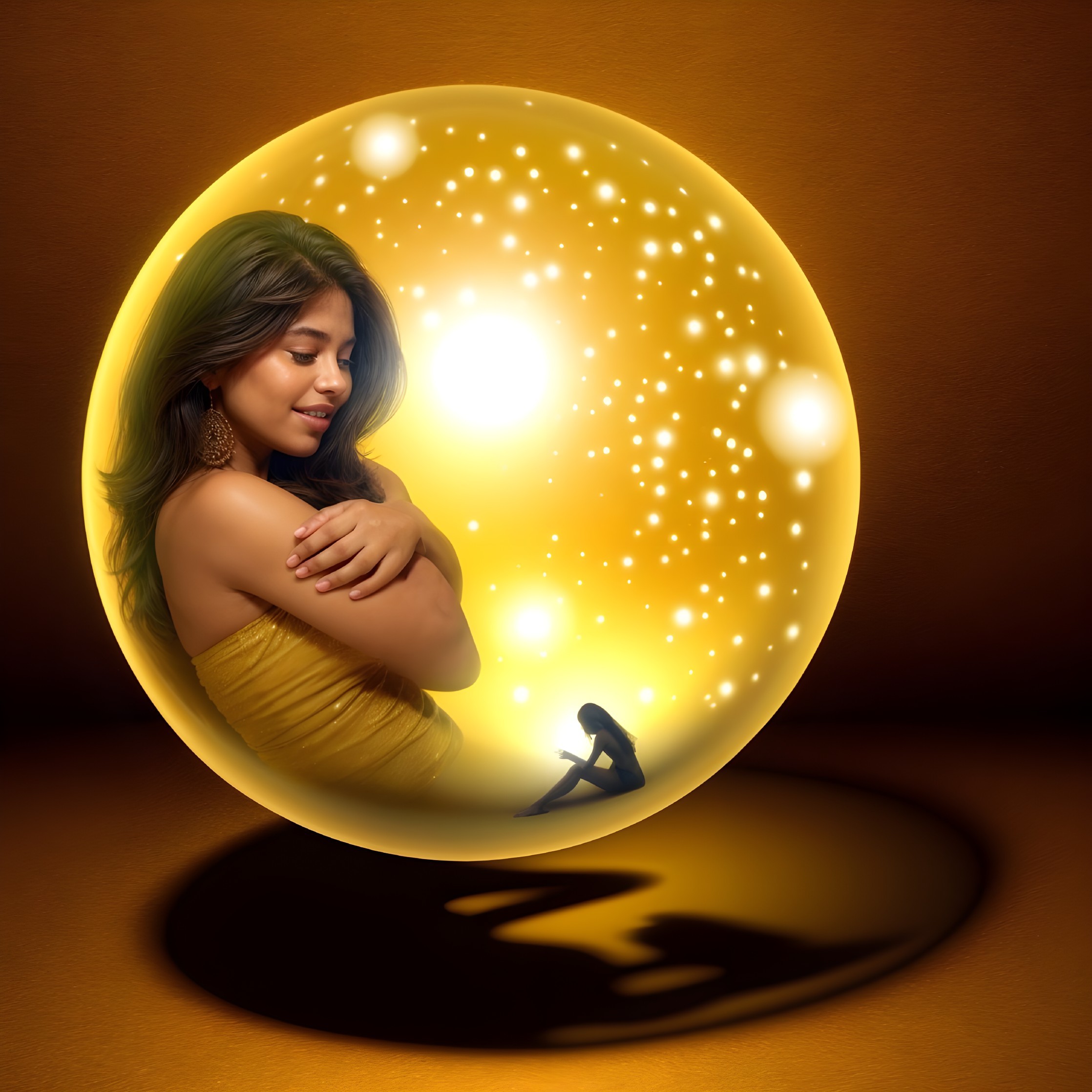 Woman in Yellow Dress within Glowing Orb of Lights