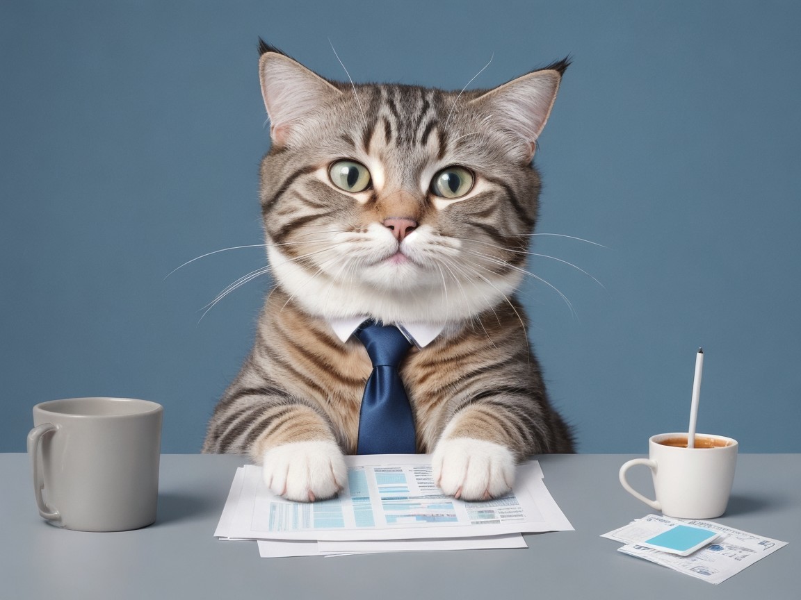Cat in Formal Suit at Desk with Documents and Coffee