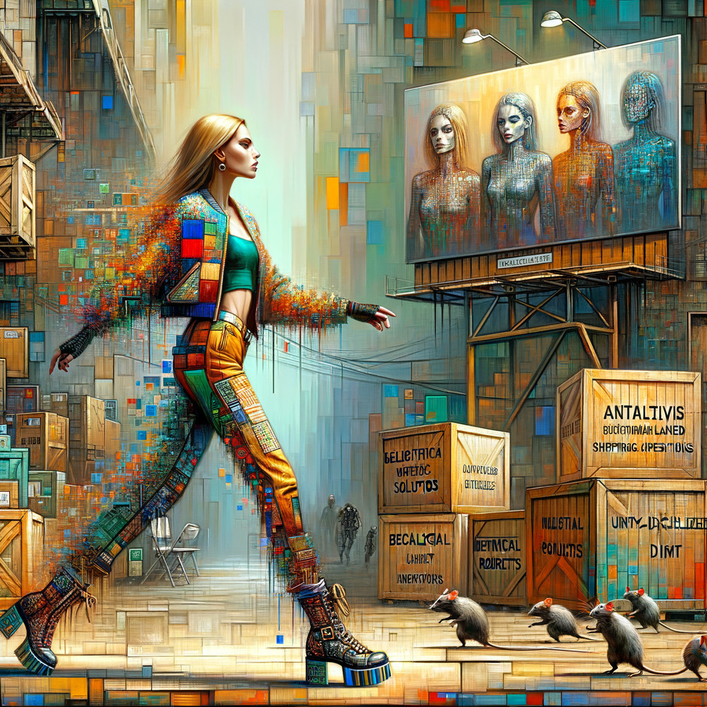 Vibrant Pixelated Urban Landscape with Fashionable Figure