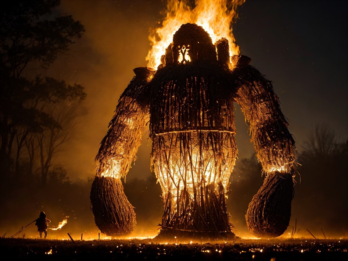 Gigantic Flaming Figure Illuminates Dark Night Sky