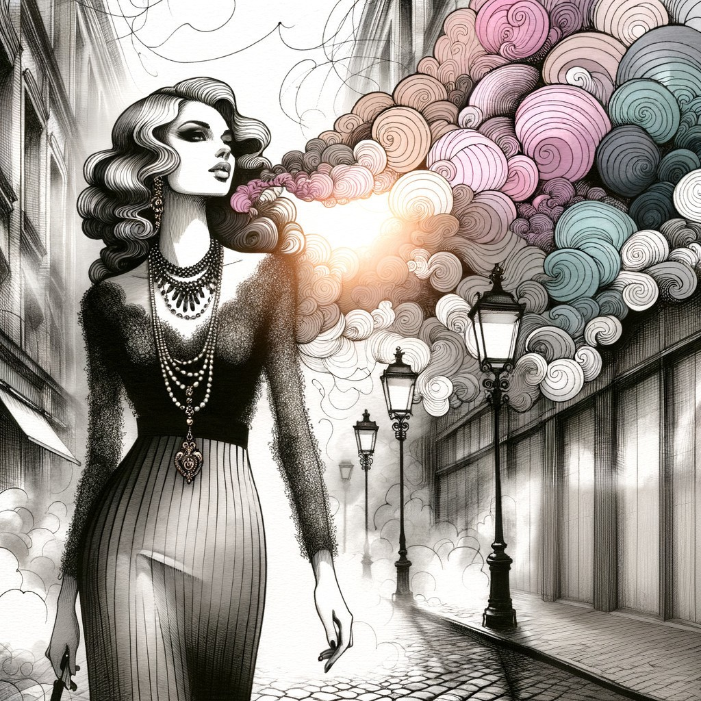 Stylish Woman in Elegant Dress with Colorful Smoke