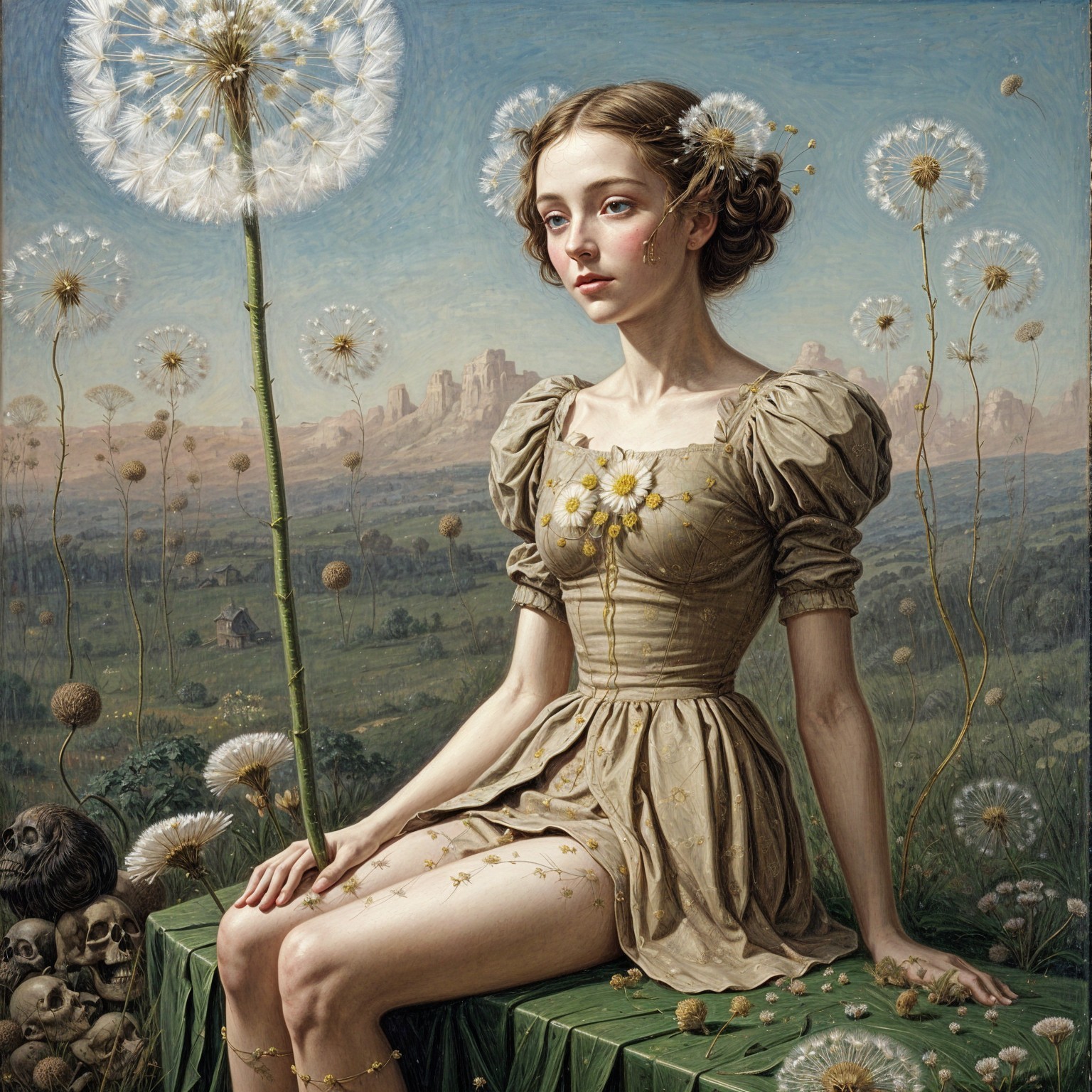 Young Woman in Vintage Dress Surrounded by Nature