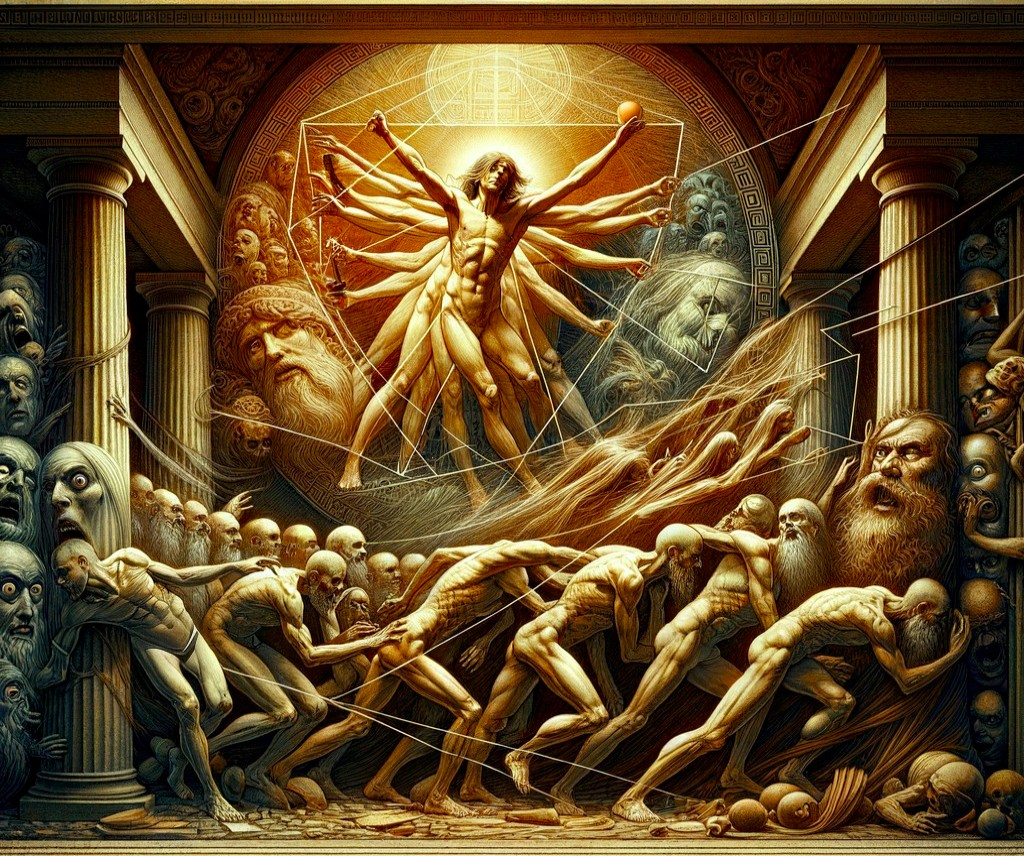 Dramatic Scene of Creation and Struggle Depicted