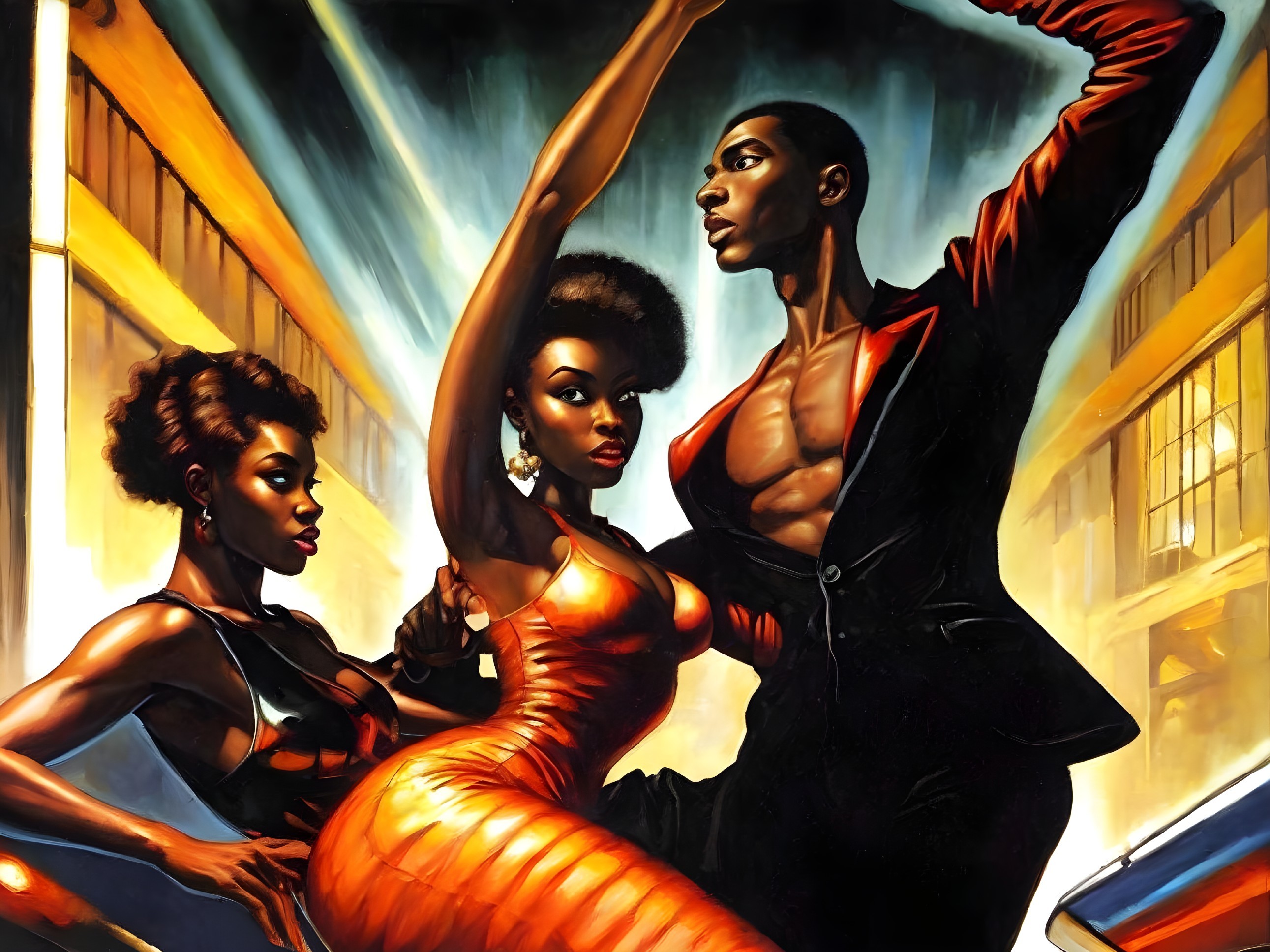 Three Stylish Figures in Glamorous Urban Setting