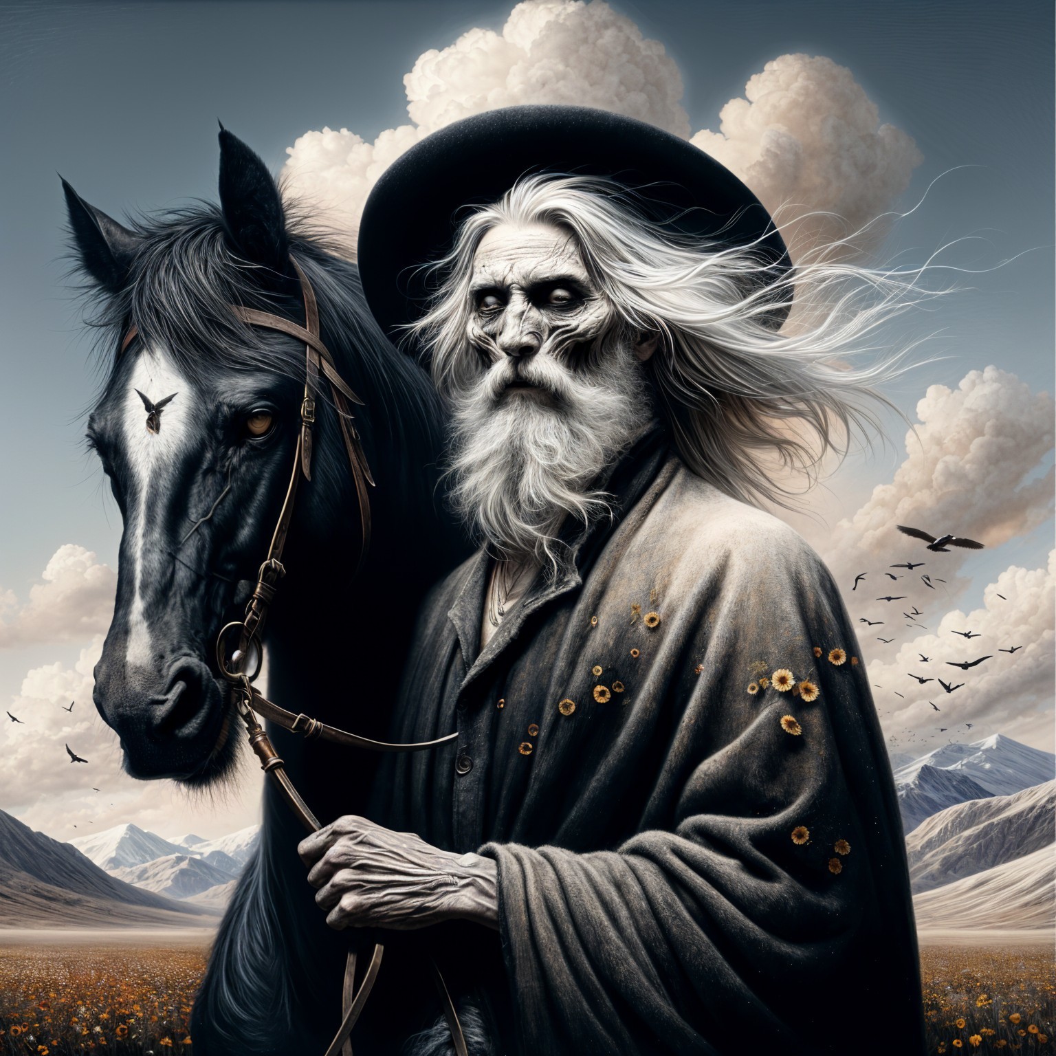 Elderly Man with Horse in Mystical Landscape Scene