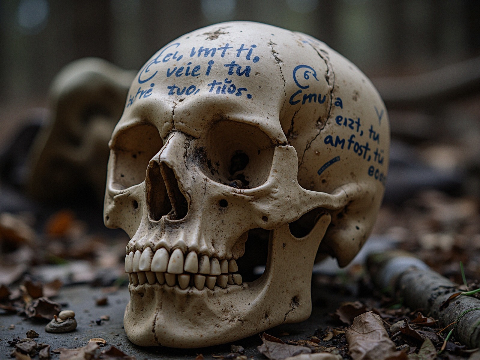Skull with Blue Markings on Forest Floor Amid Leaves