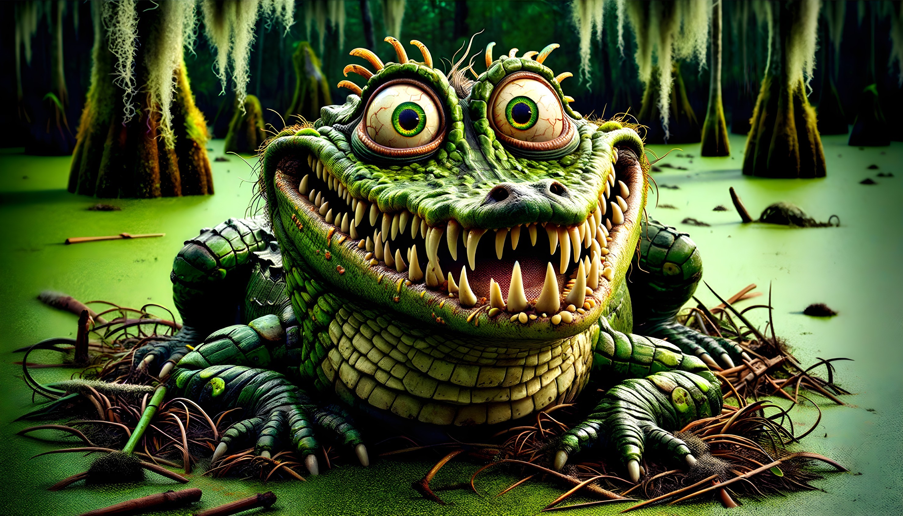 Vibrant Cartoon Green Alligator in Swamp Scene