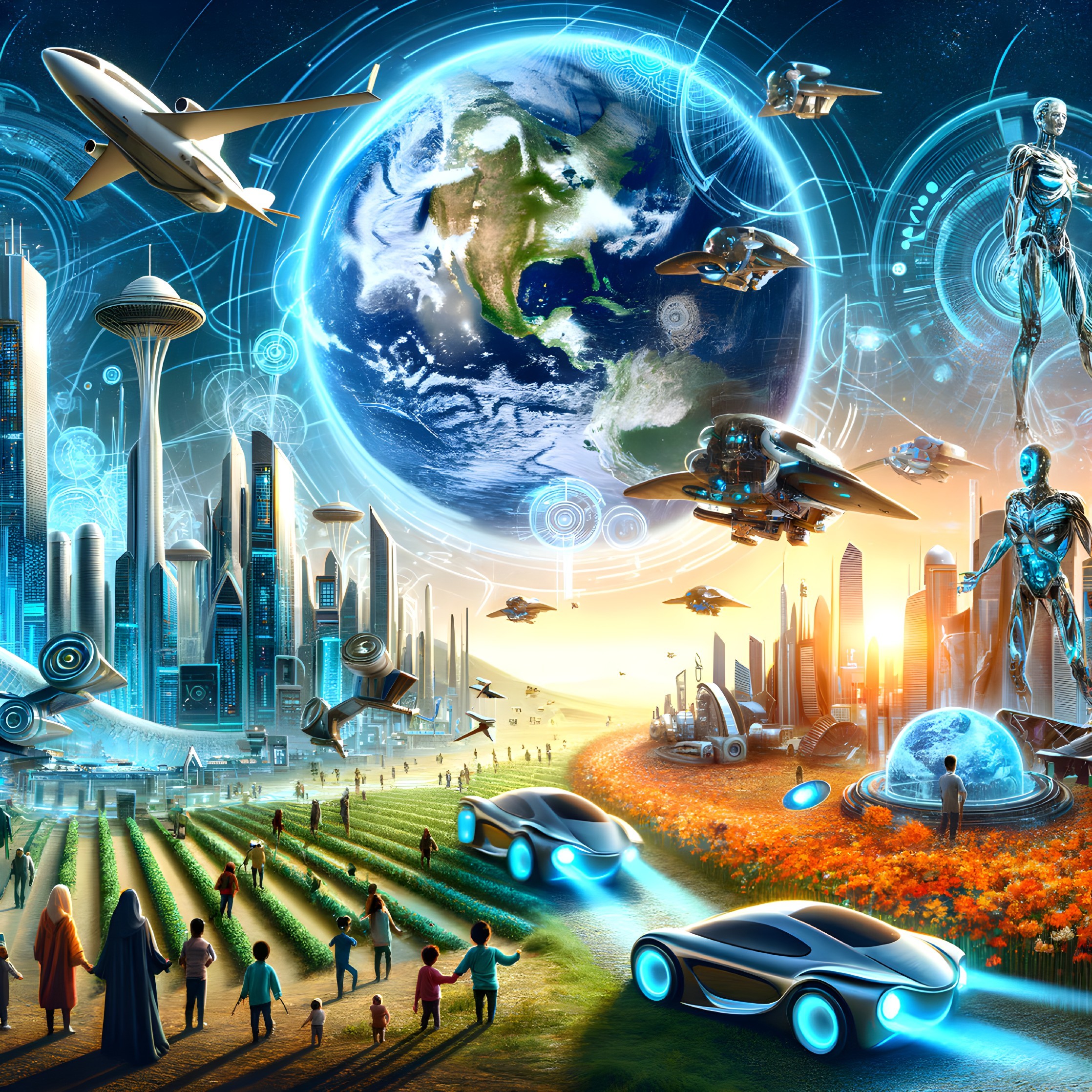 Futuristic cityscape with flying vehicles and robots