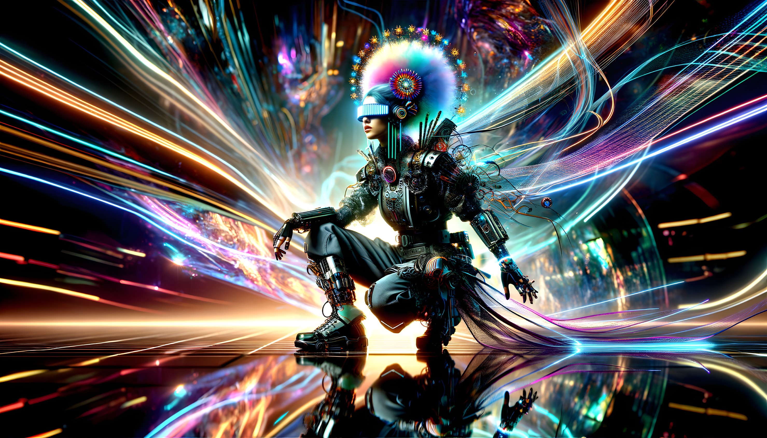 Cybernetic Being in Futuristic Armor with Light Streams