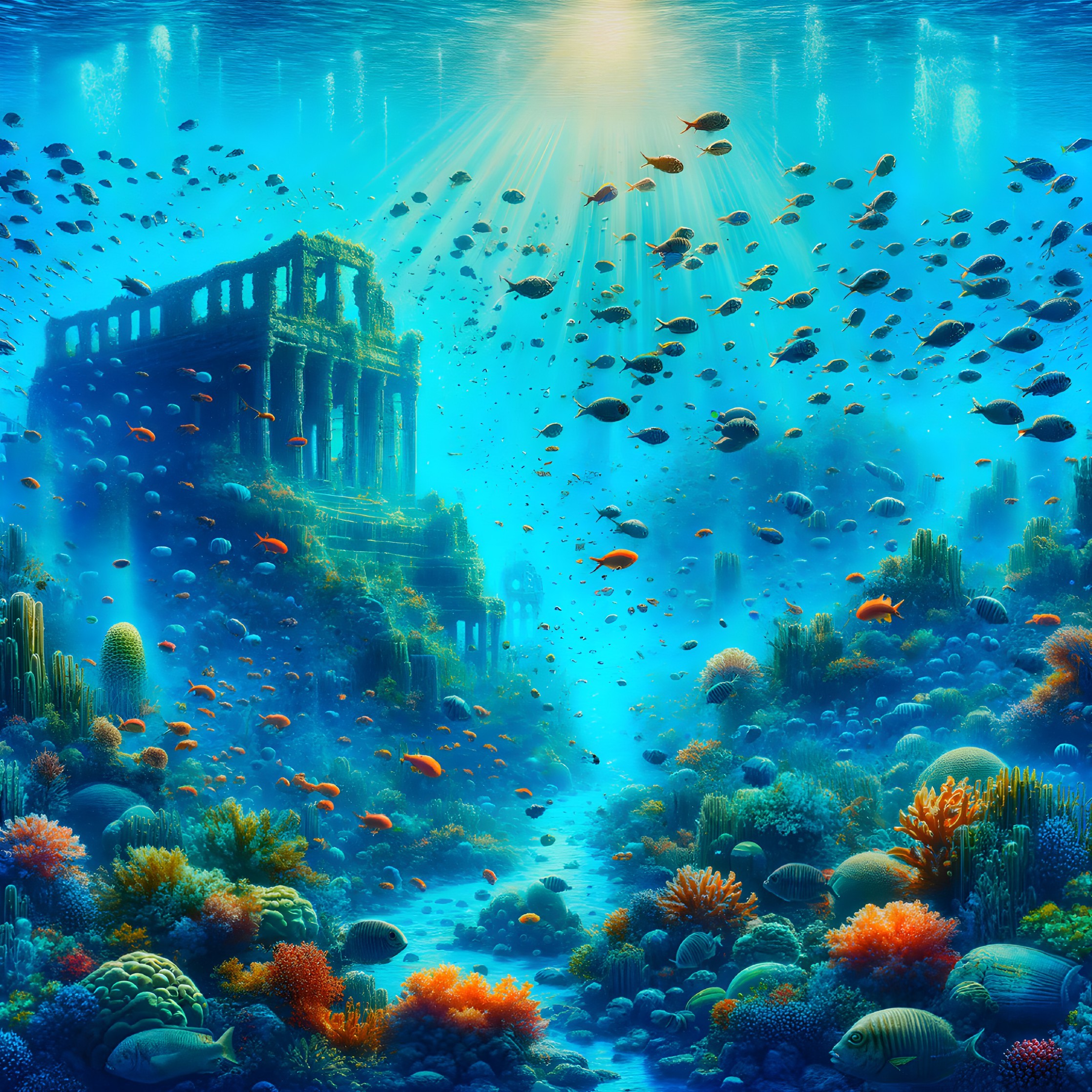 Underwater Scene of Ancient Ruins and Coral Reefs