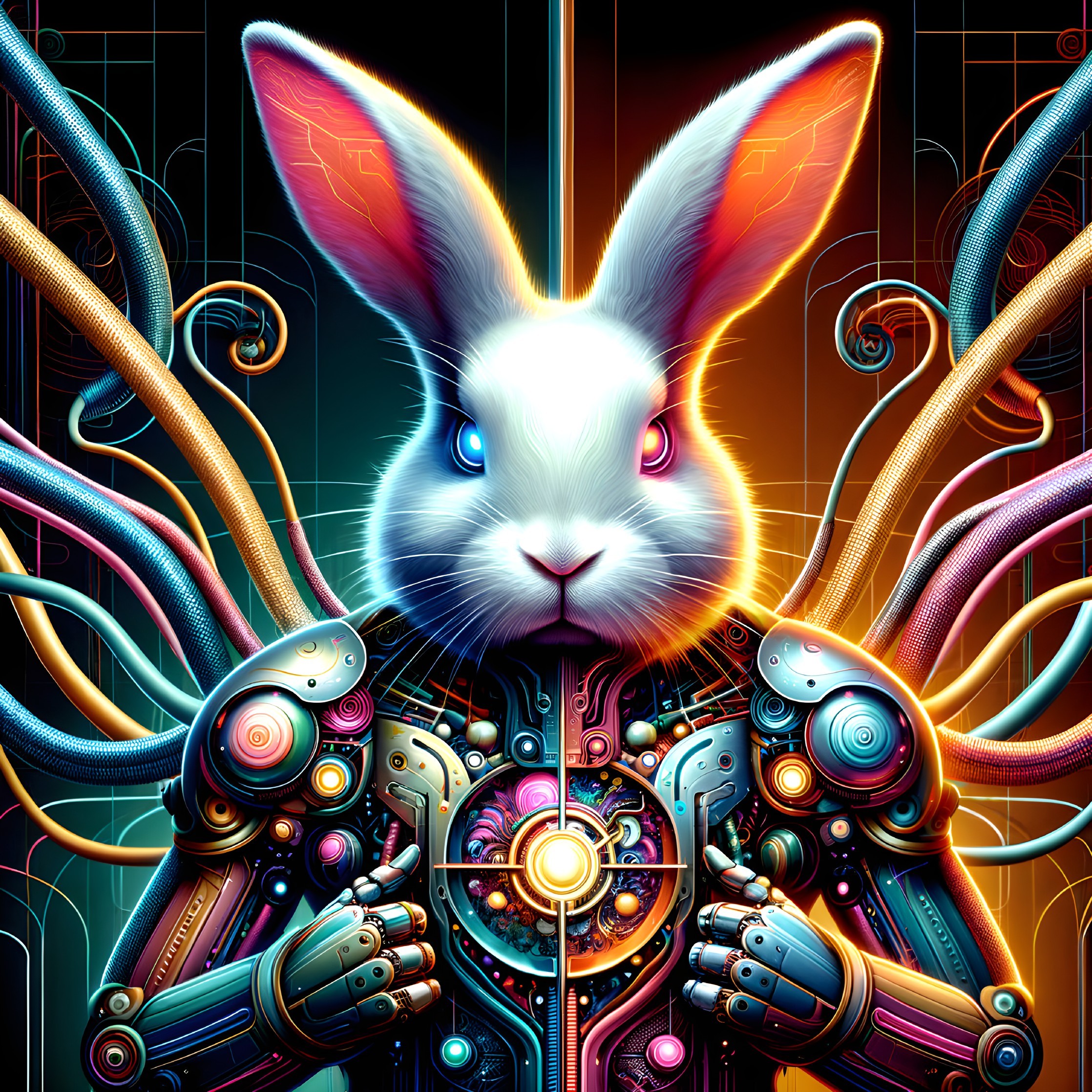 Colorful Mechanical Rabbit Illustration with Circuit Background