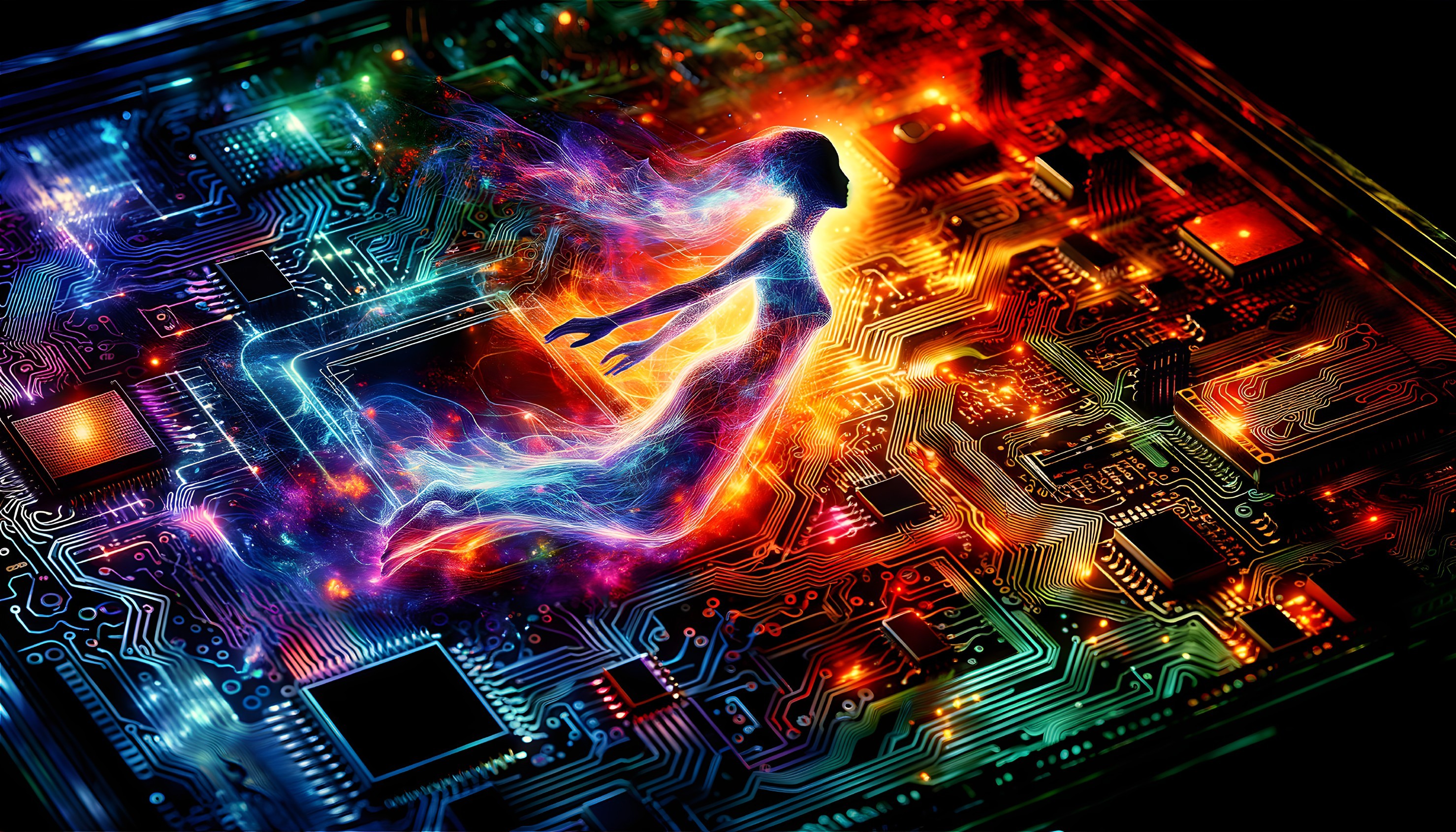 Ethereal Figure on Colorful Circuit Board Symbolizing Fusion