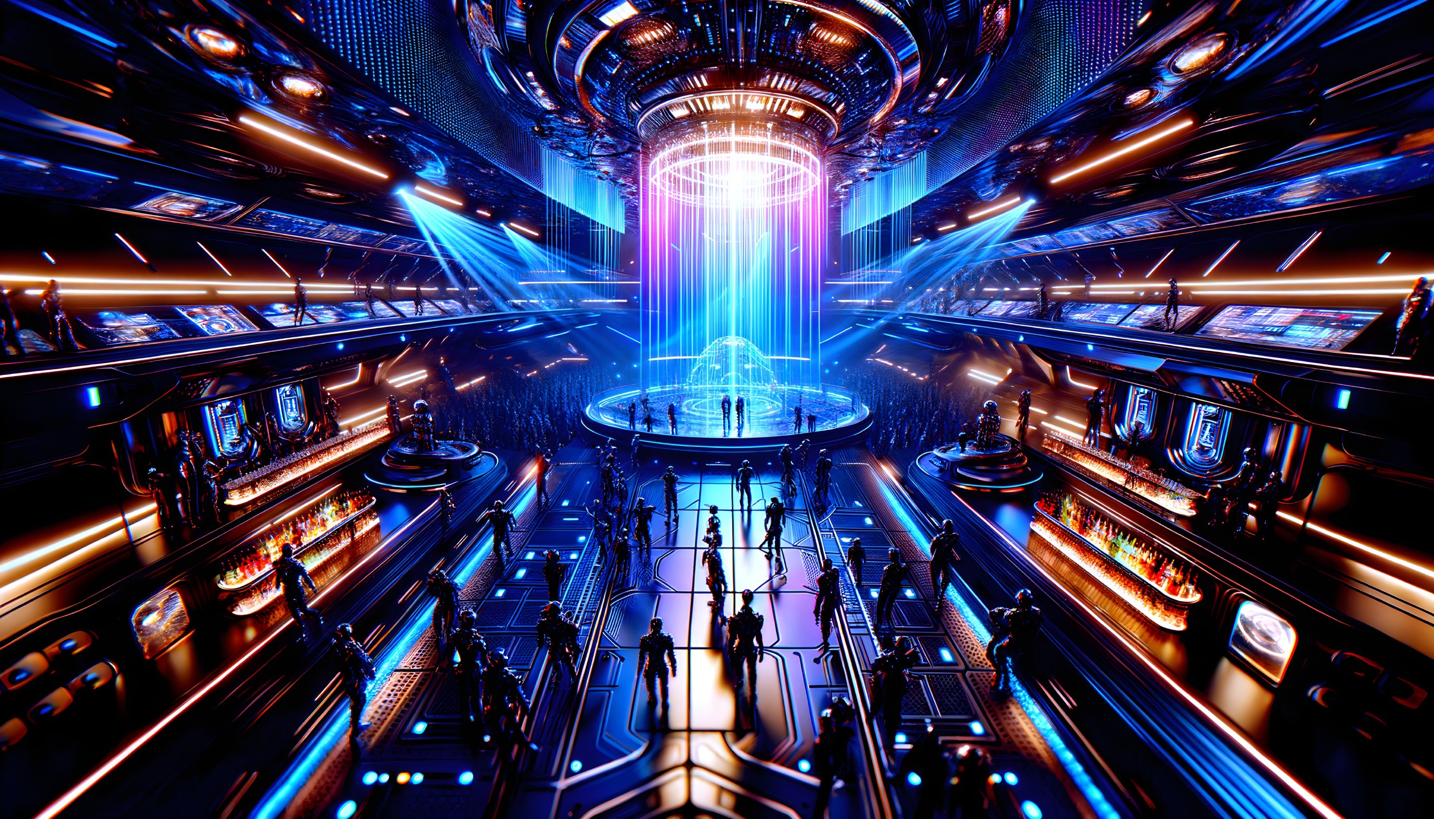 Futuristic Control Room with Neon Lights and Holograms