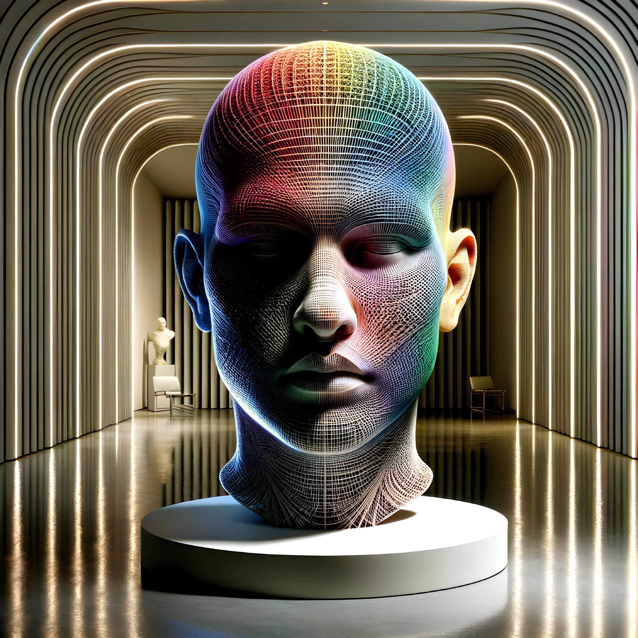 Colorful Wireframe Head Sculpture in Modern Gallery