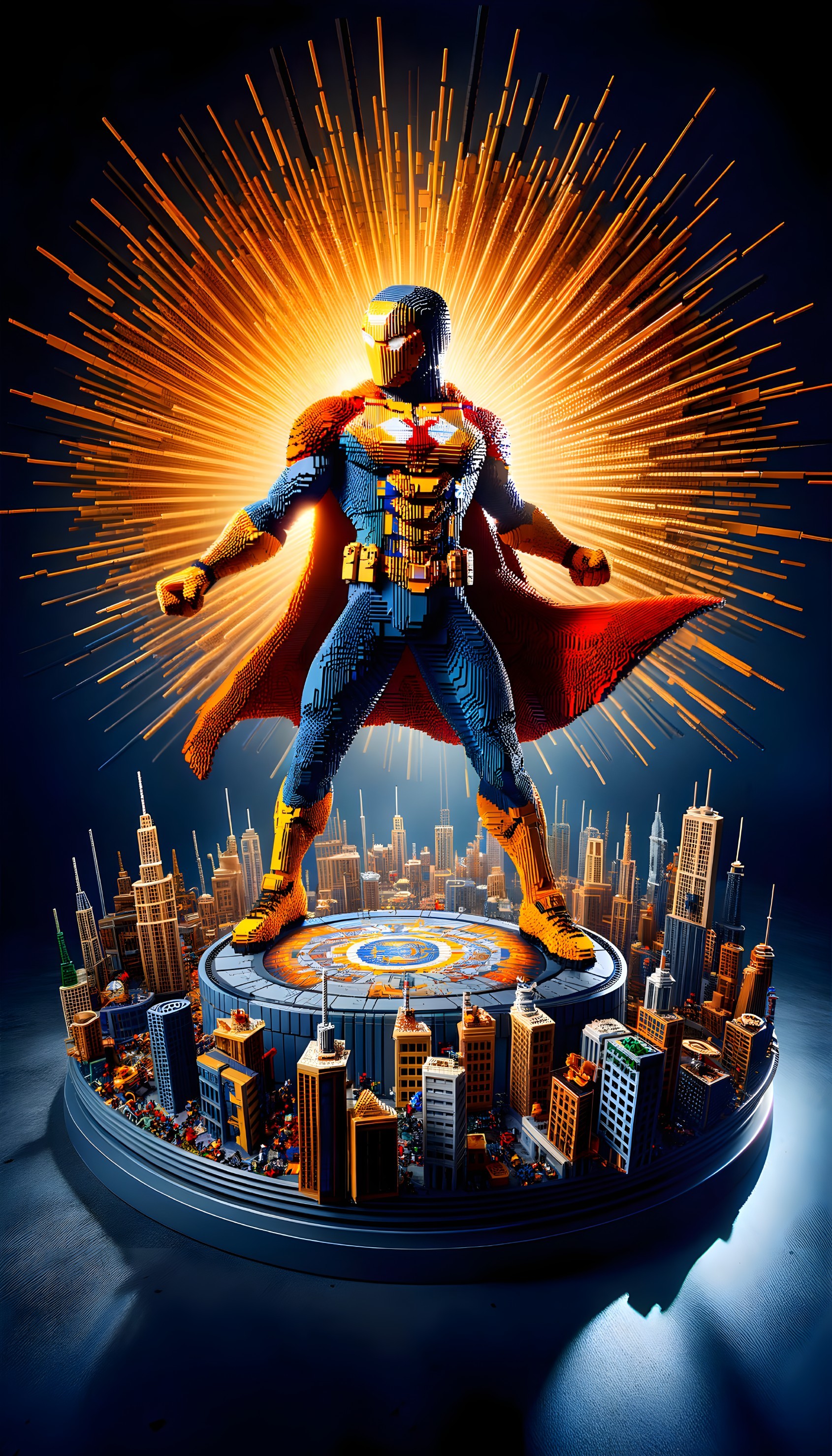 Superhero Figurine on City Model with Dramatic Lighting