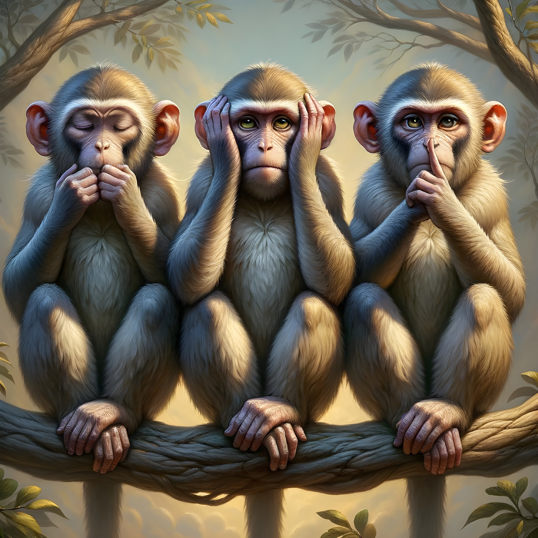 Three Monkeys on Tree Branch Representing a Proverb