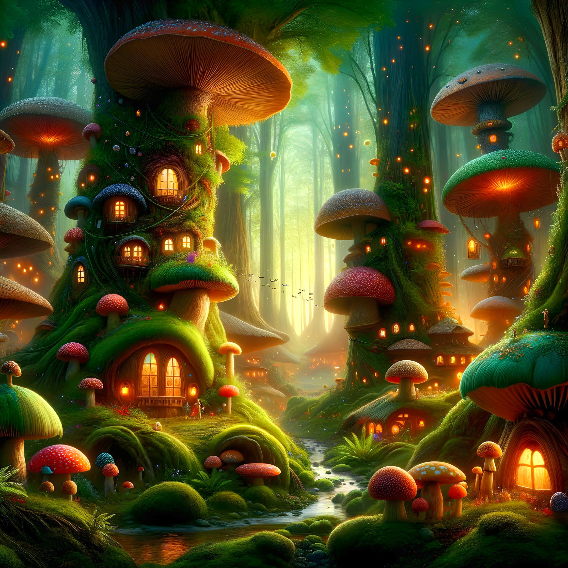 Whimsical Fantasy Landscape with Illuminated Mushrooms
