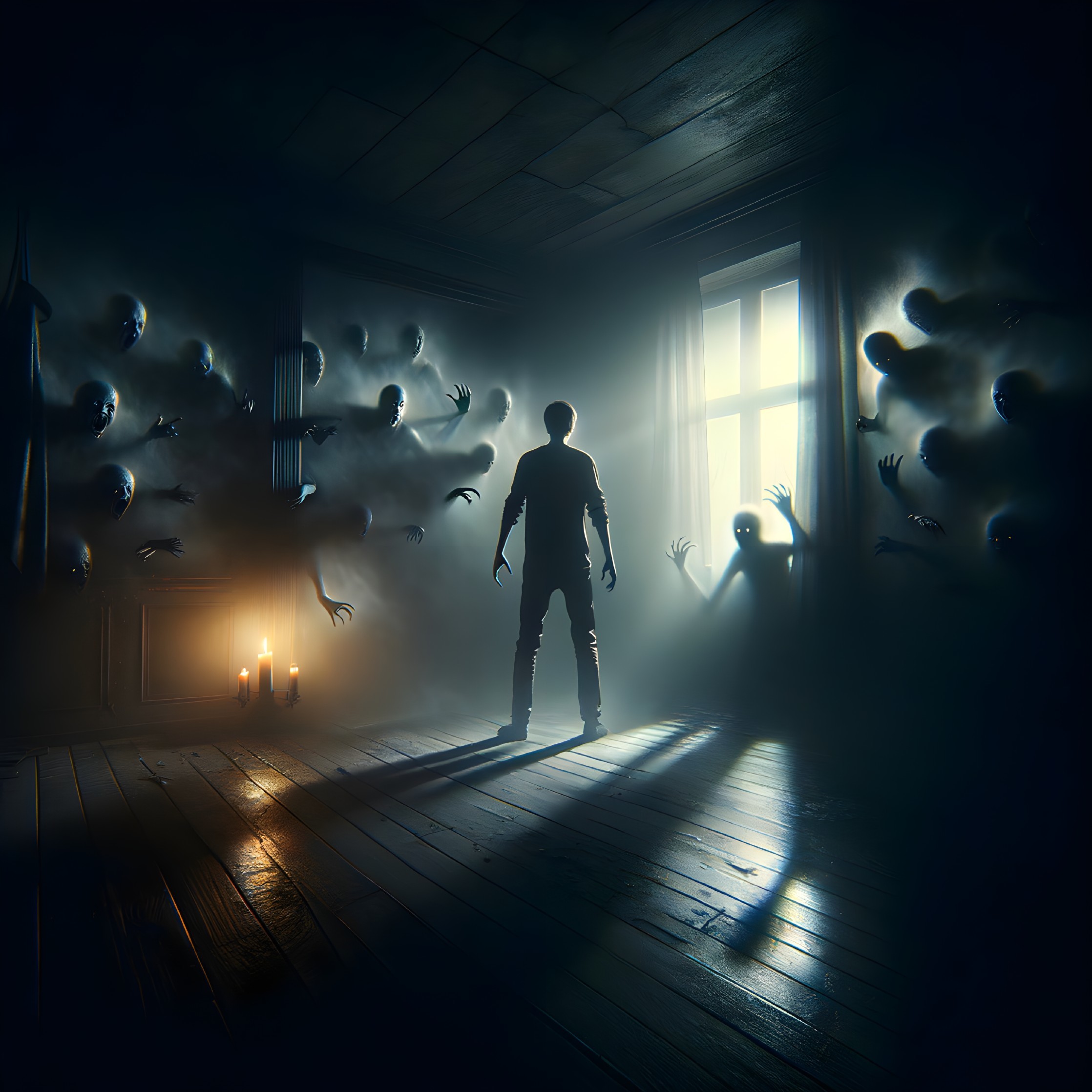 Solitary Figure in Dim Room with Ghostly Apparitions