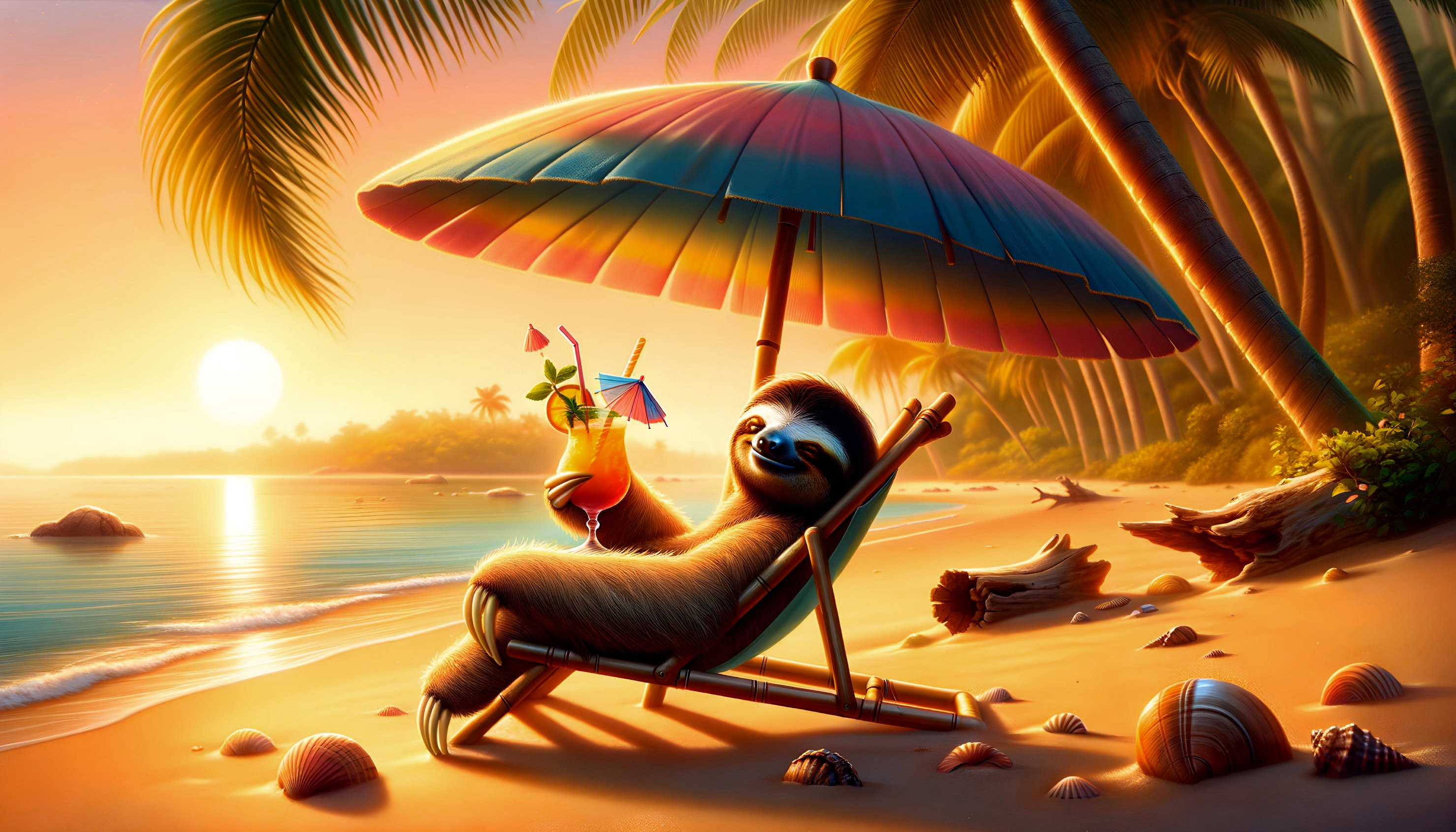 Sloth Relaxing Under Beach Umbrella at Sunset