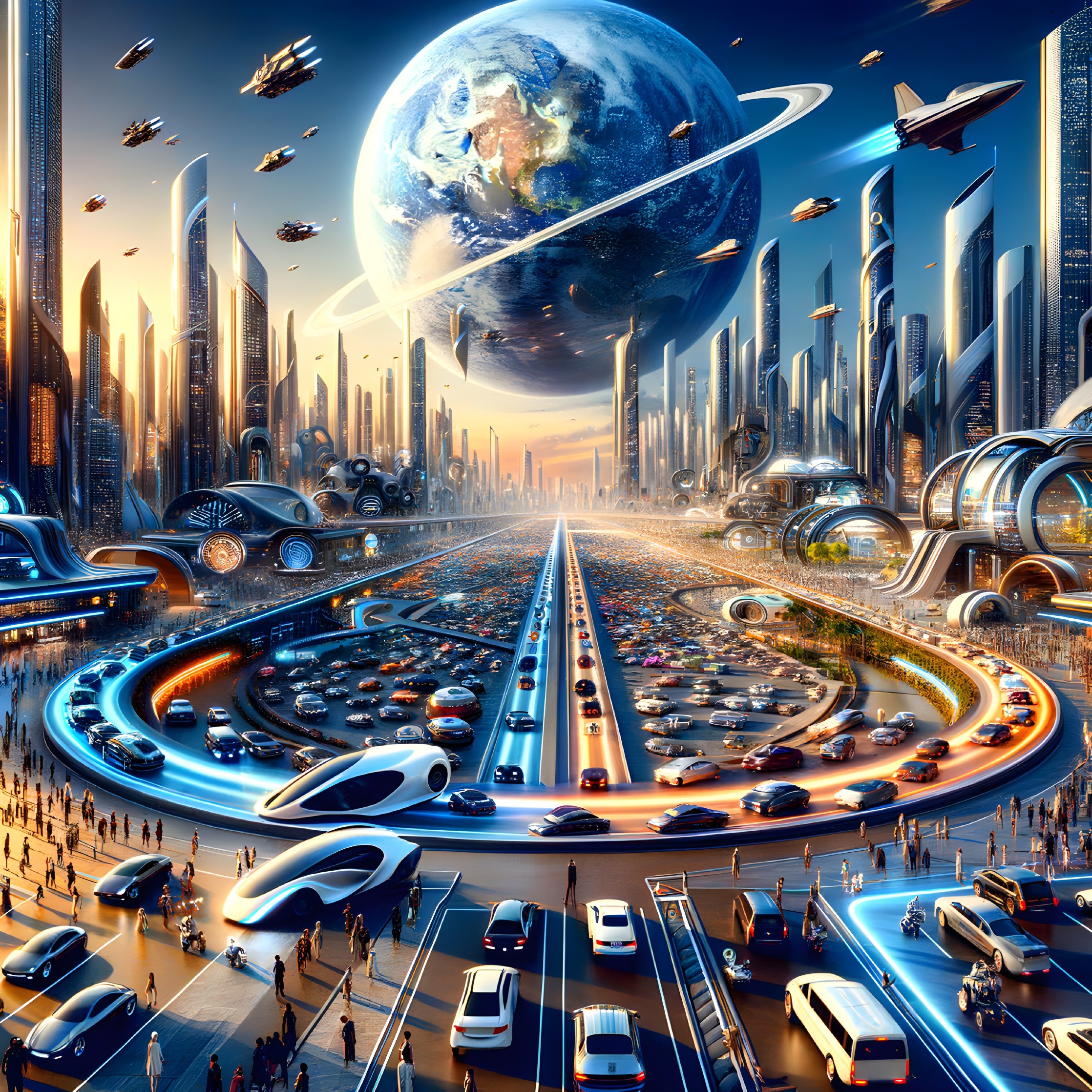 Futuristic Cityscape with High-Tech Architecture and Vehicles