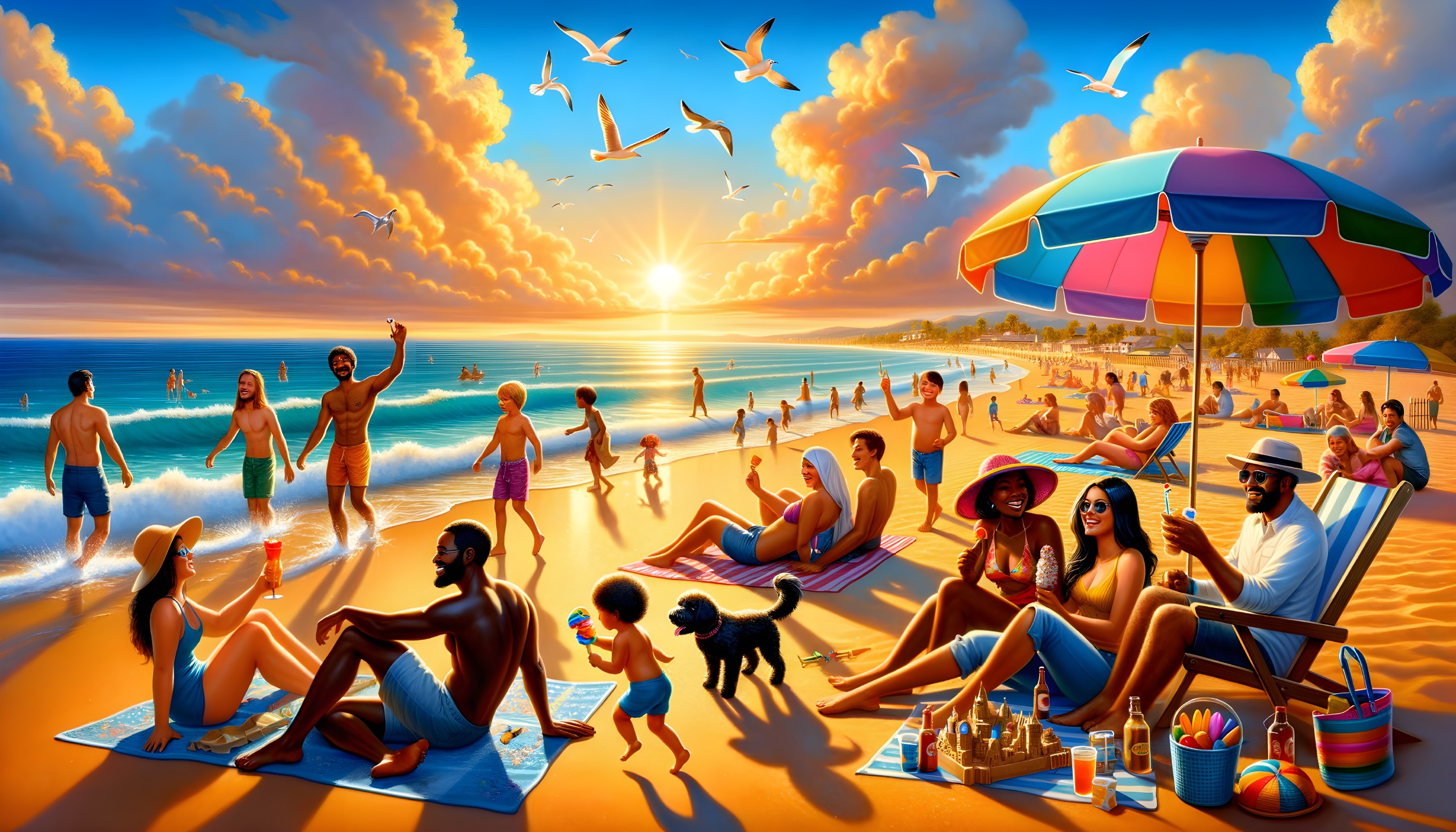 Vibrant Beach Scene at Sunset with People and Birds