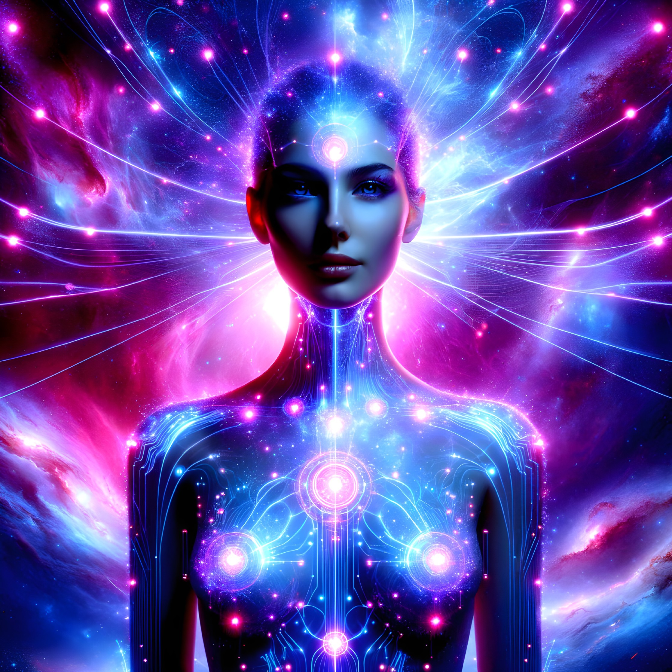 Futuristic figure with holographic design in cosmos