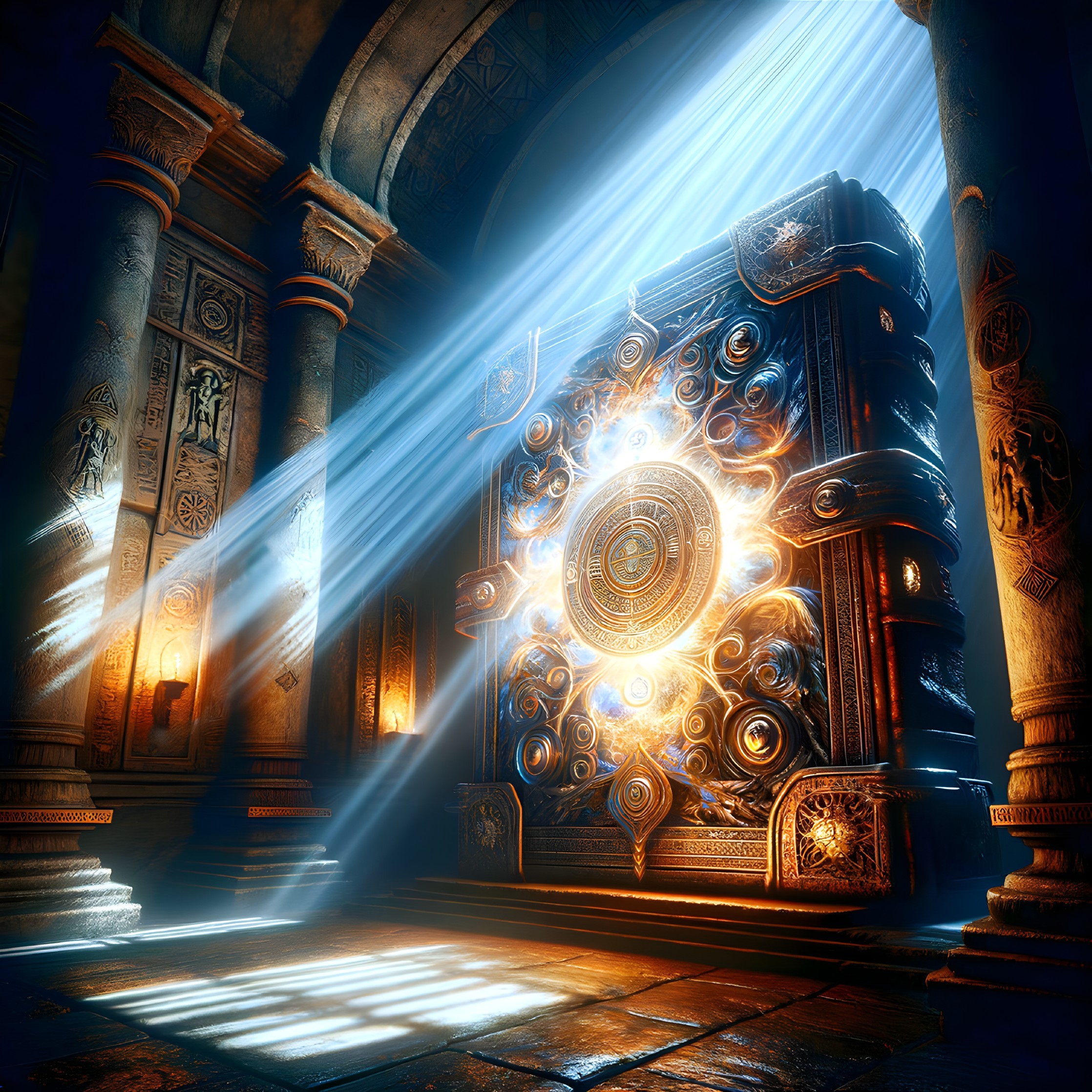 Ornate Ancient Book in Dimly Lit Temple Setting