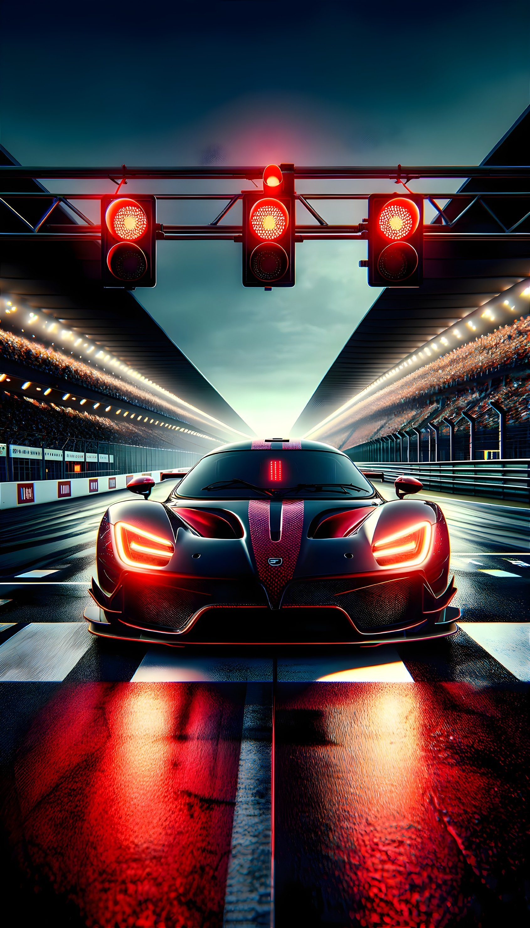 Sleek Sports Car at Racetrack Start Line at Dusk