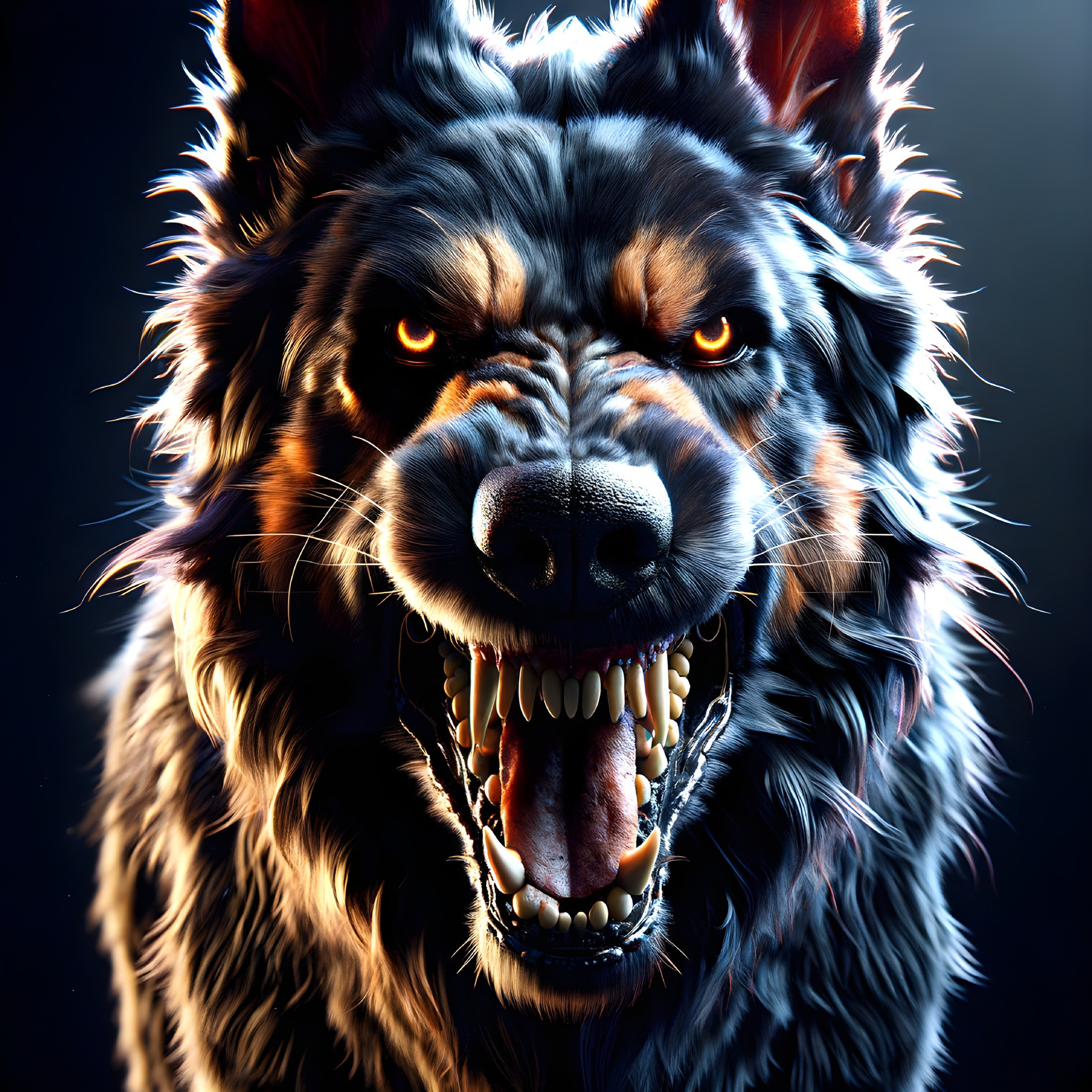 Digital Illustration of a Snarling Wolf with Orange Eyes