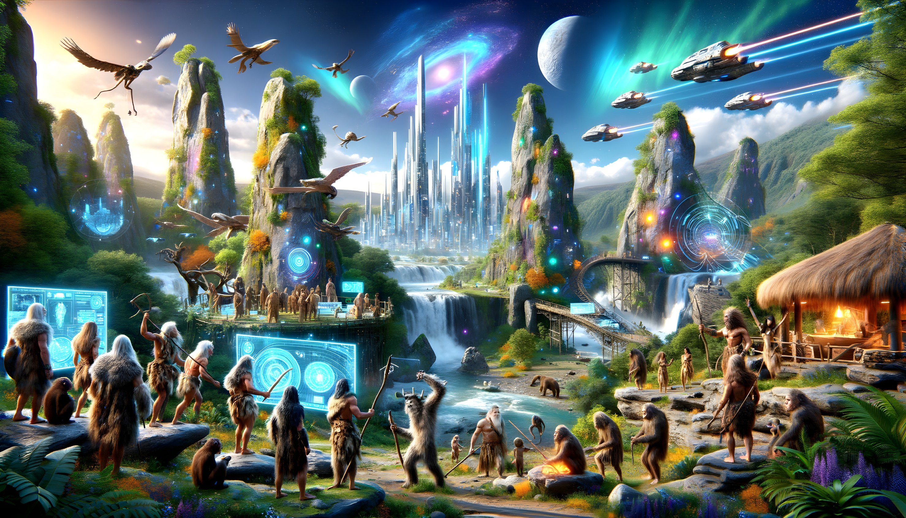 Vibrant Sci-Fi Landscape with Creatures and Cities