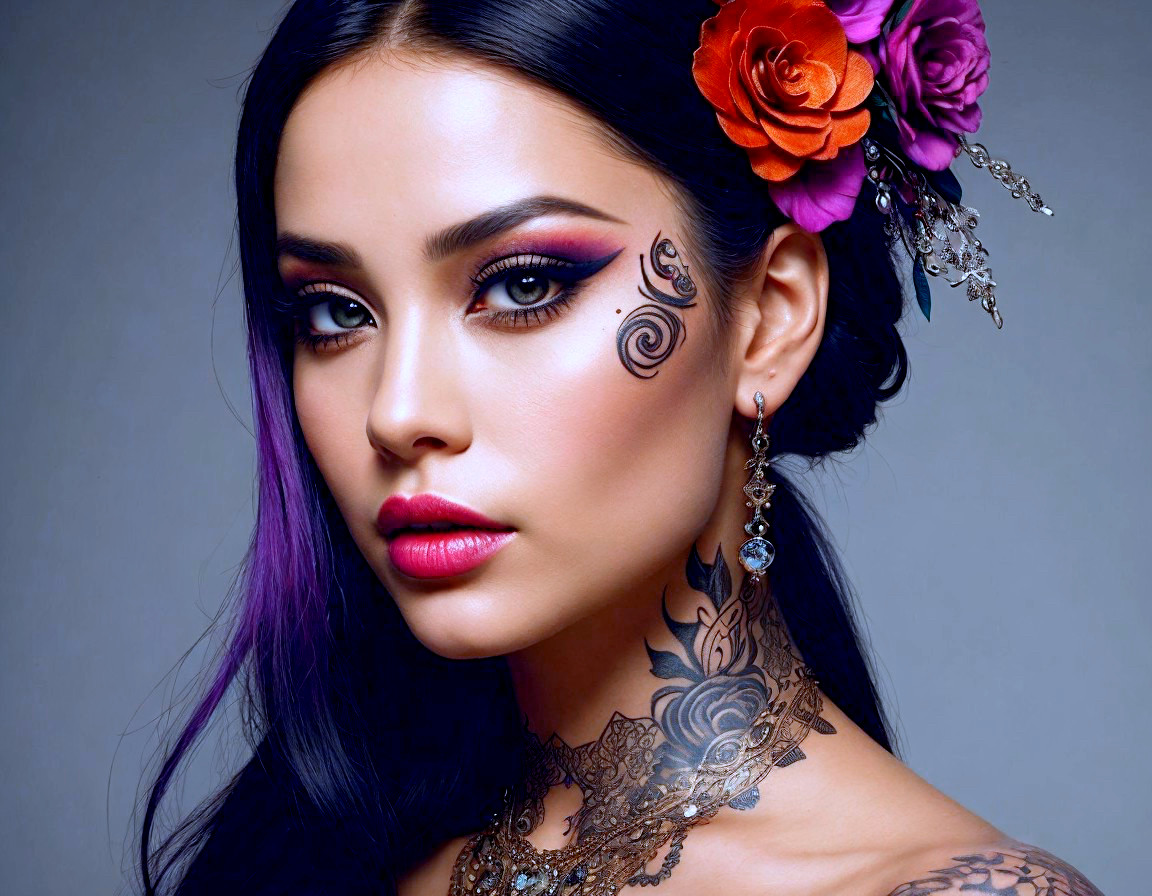 Striking Woman with Bold Makeup and Colorful Roses