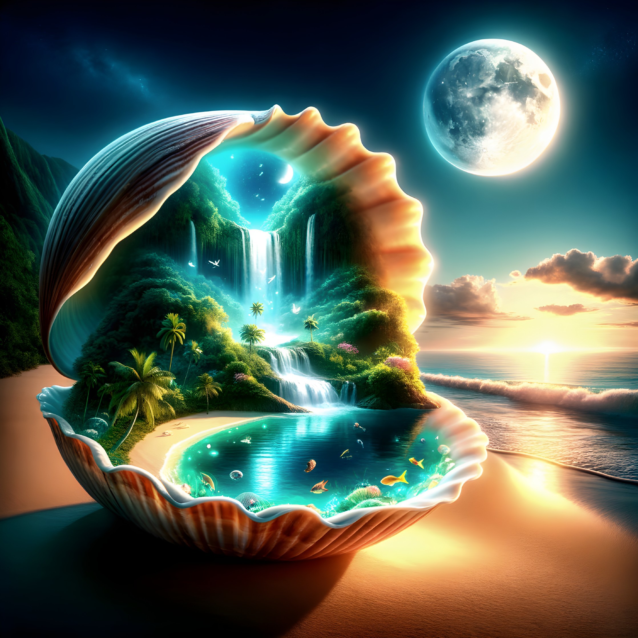 Giant Seashell with Tranquil Lagoon and Waterfalls
