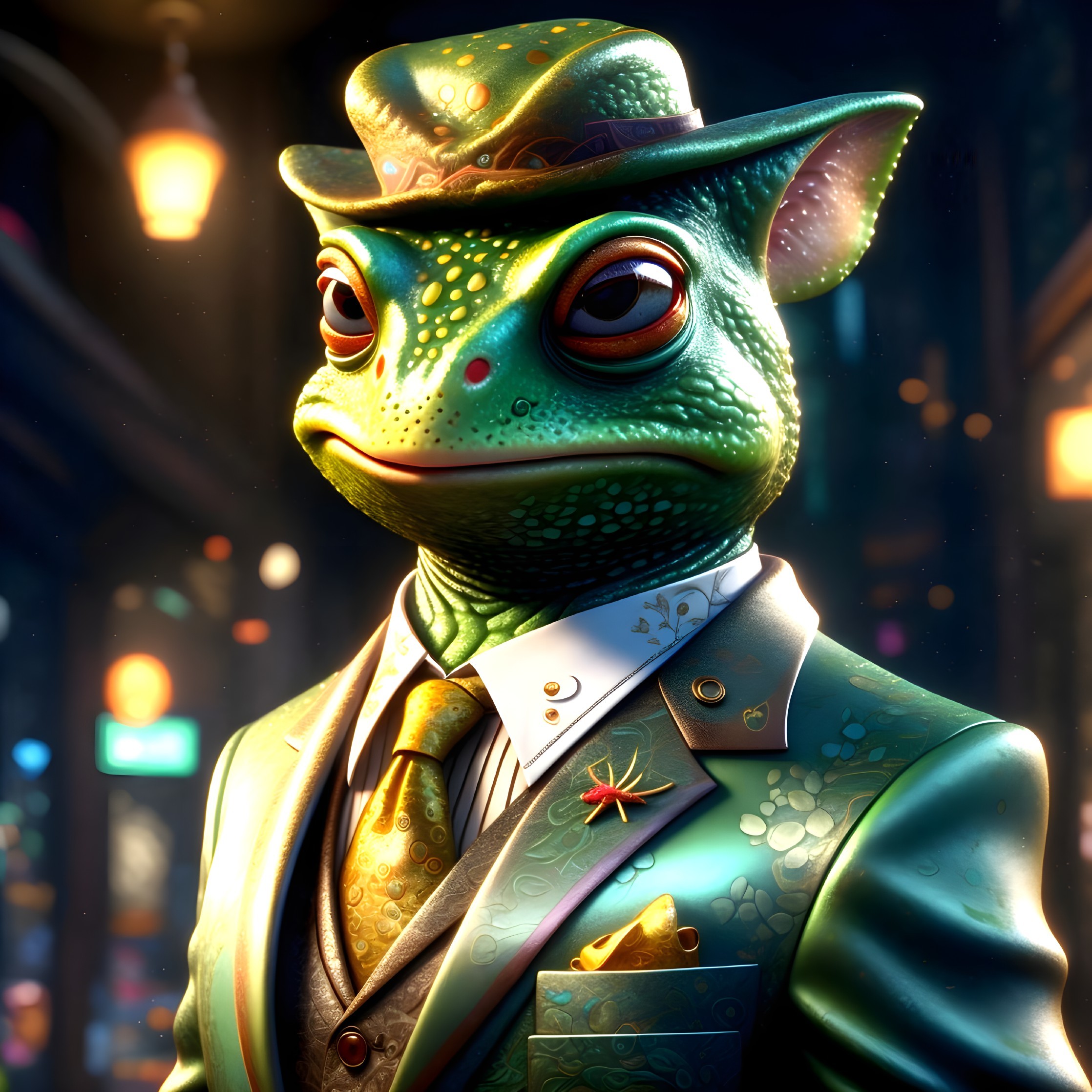 Stylized Frog Character in Elegant Suit at Night