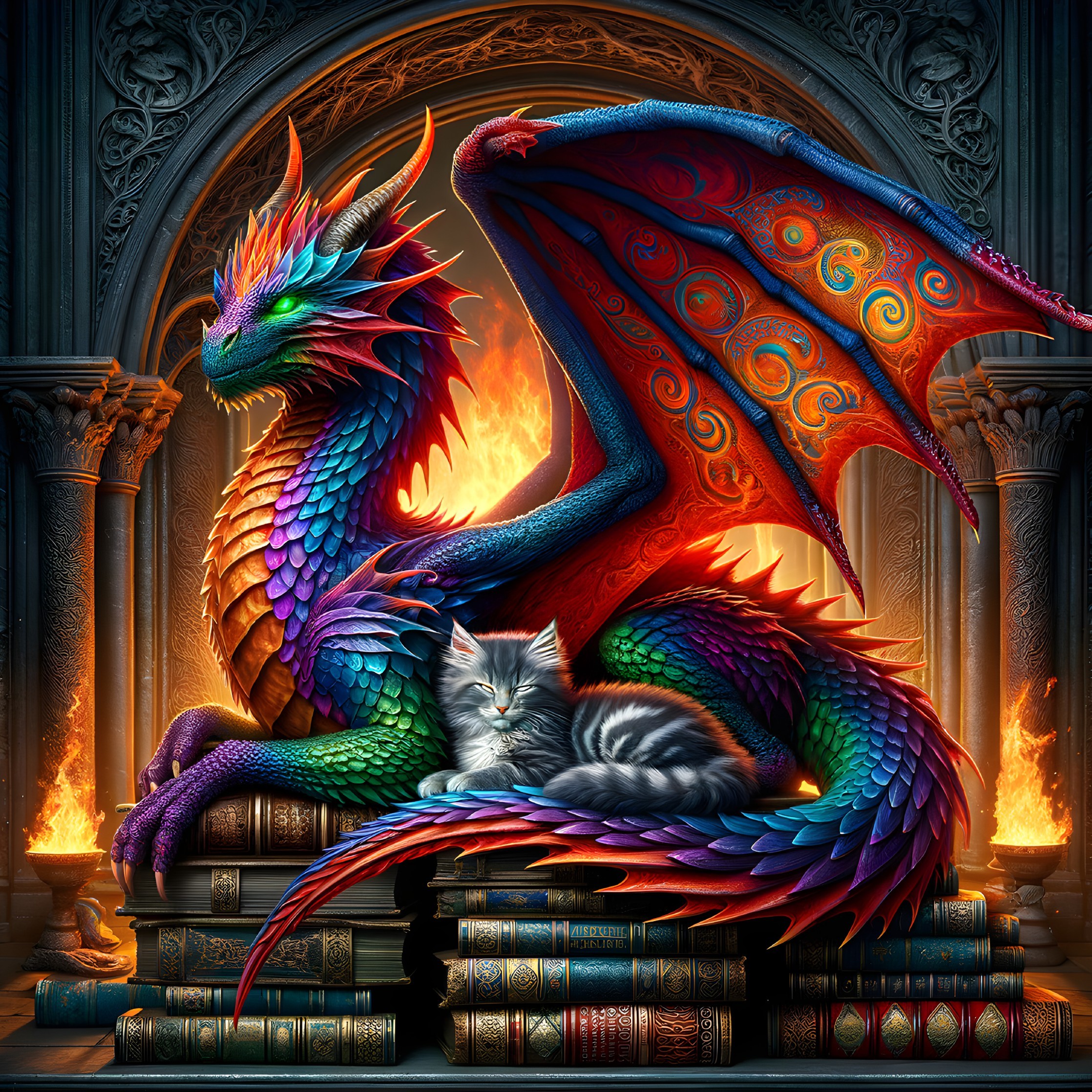 Multicolored dragon and cat on ancient books scene