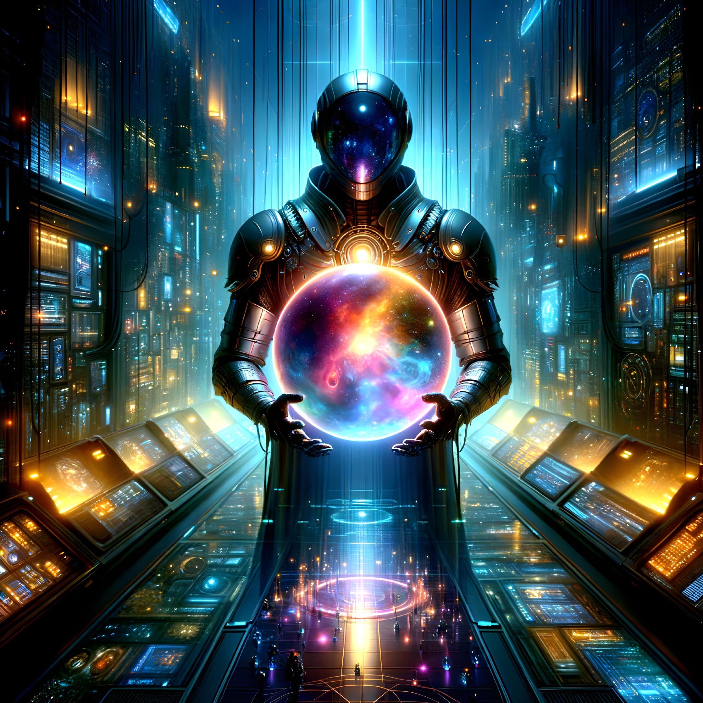 Futuristic Robot with Galaxy in High-Tech Corridor